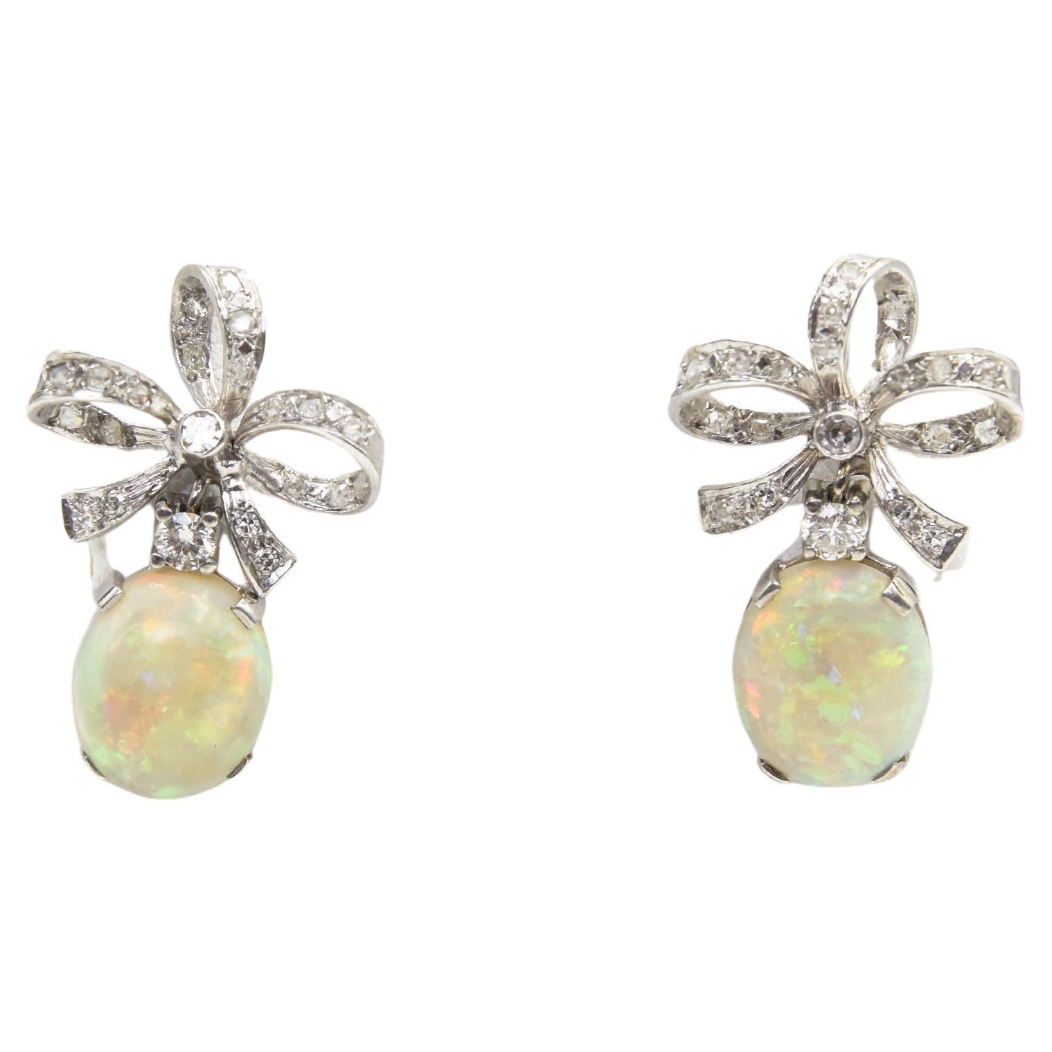 Australian Opal with Diamond Bow Dangle Drop White Gold Earrings For Sale