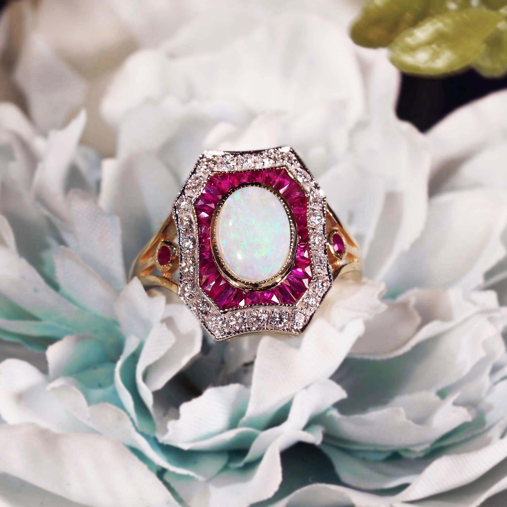 Add an elegant touch to your look with this genuine oval opal, ruby, and diamond ring. Crafted in 14K yellow gold Art Deco style setting, this beautiful ring features an oval cut opal accented in a halo of French cut ruby and round diamond. The