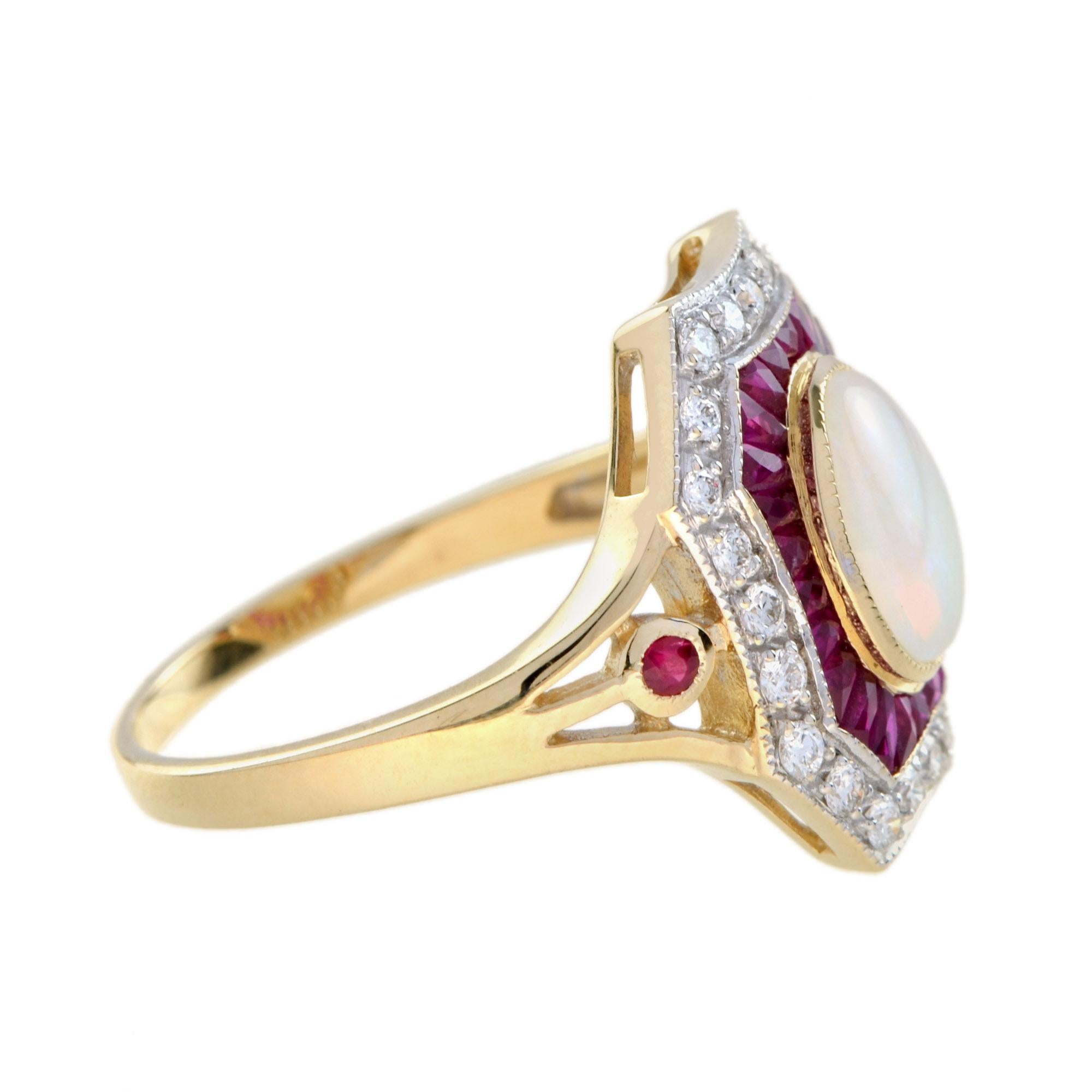 Oval Cut Australian Opal with Ruby Diamond Art Deco Style Halo Ring in 14K Yellow Gold For Sale