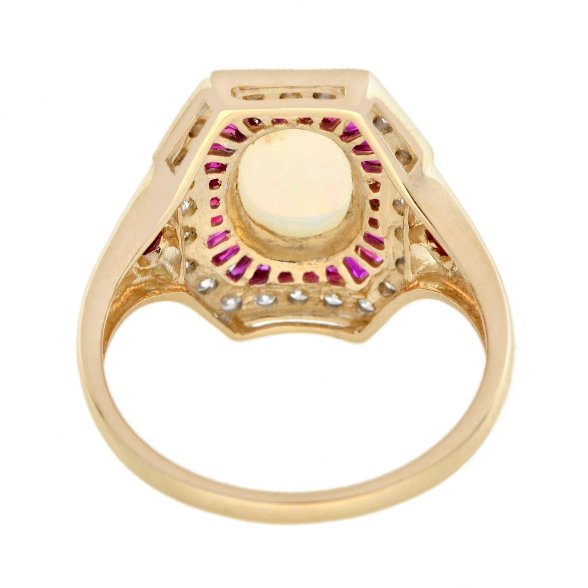 Australian Opal with Ruby Diamond Art Deco Style Halo Ring in 14K Yellow Gold In New Condition For Sale In Bangkok, TH