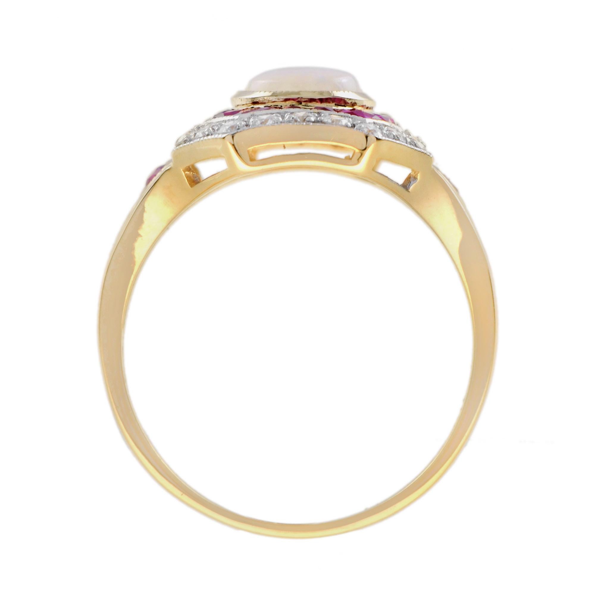 Women's Australian Opal with Ruby Diamond Art Deco Style Halo Ring in 14K Yellow Gold For Sale
