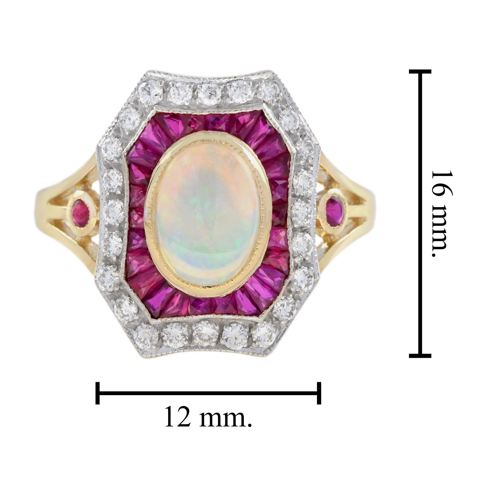 Australian Opal with Ruby Diamond Art Deco Style Halo Ring in 14K Yellow Gold For Sale 1
