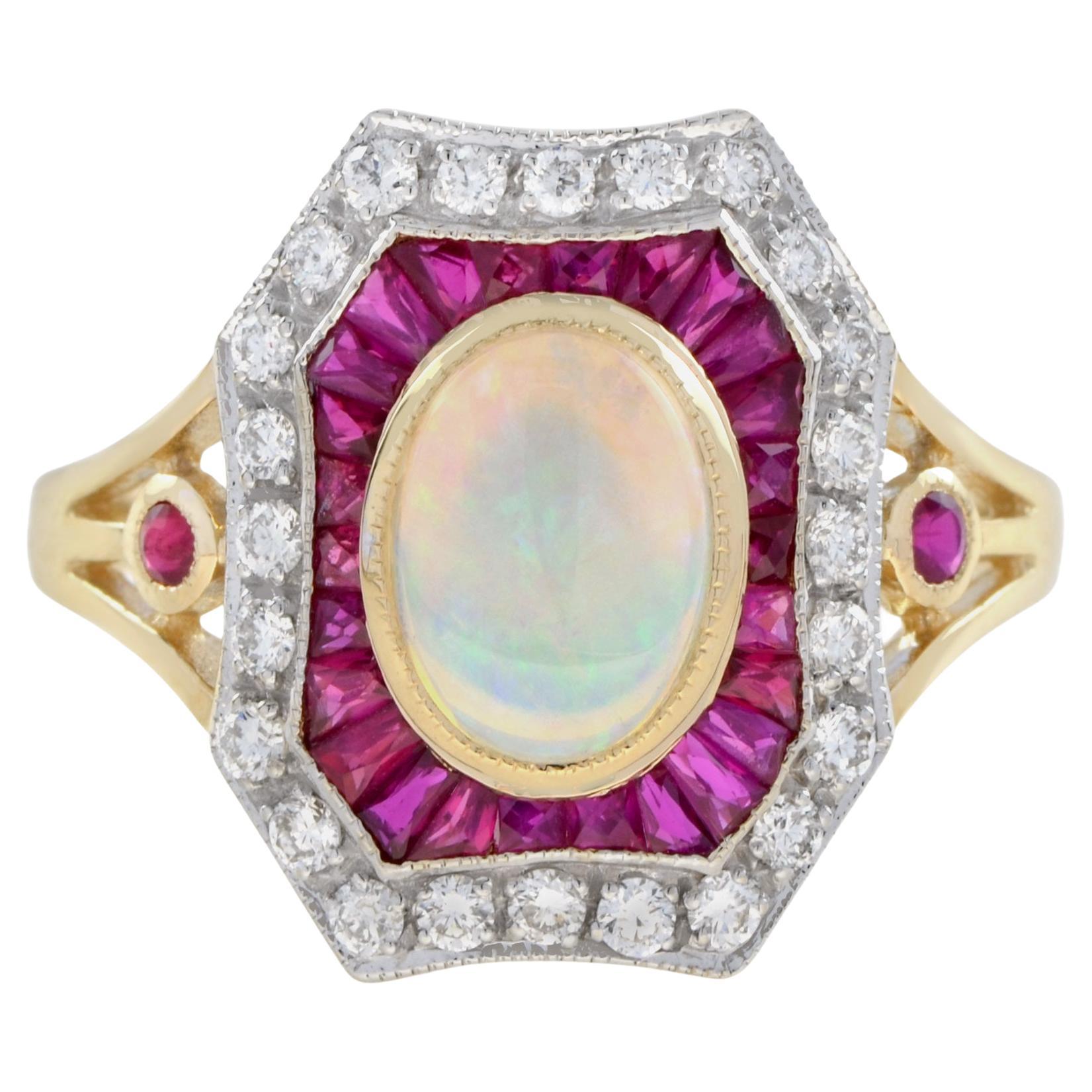 Australian Opal with Ruby Diamond Art Deco Style Halo Ring in 14K Yellow Gold For Sale