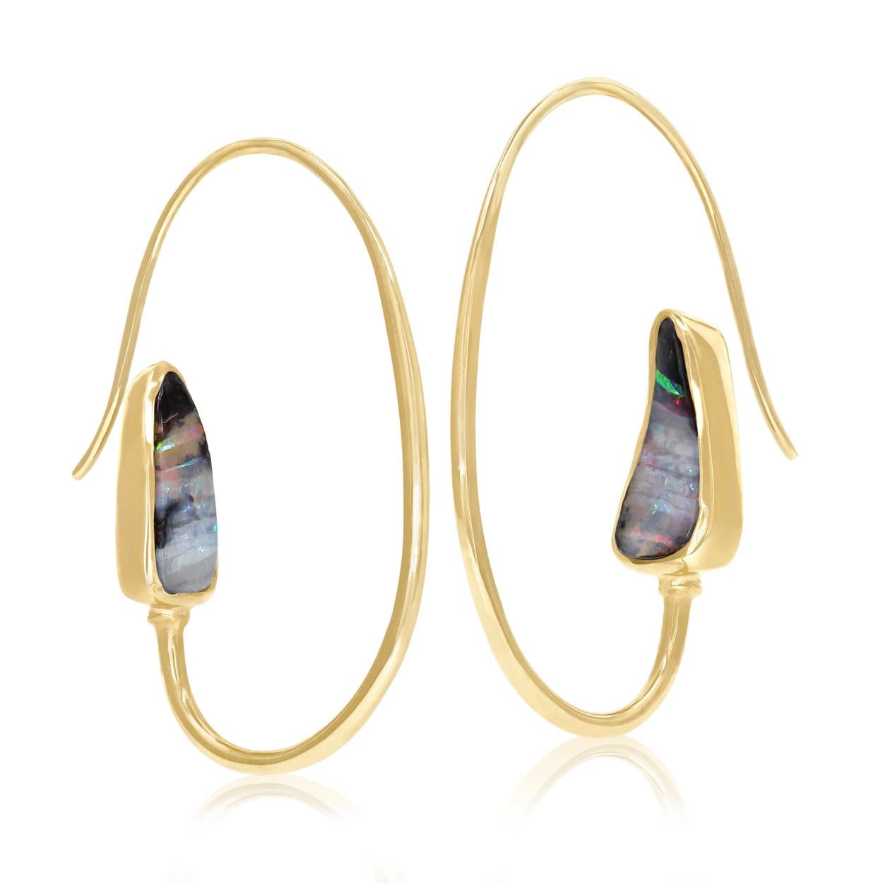 Artist Australian Opal Yellow Gold One-of-a-Kind Back Hoop Earrings, Just Jules 2023 For Sale