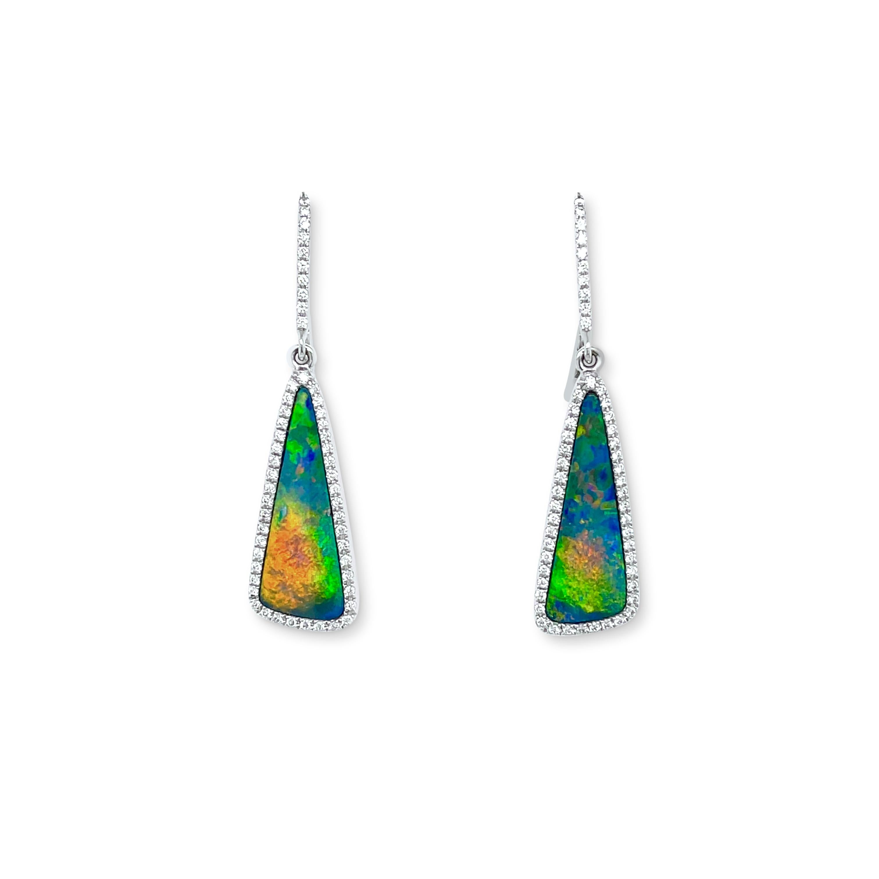 Contemporary Natural Australian 5.26ct Opals Doublet and Diamond Earrings in 18K White Gold For Sale