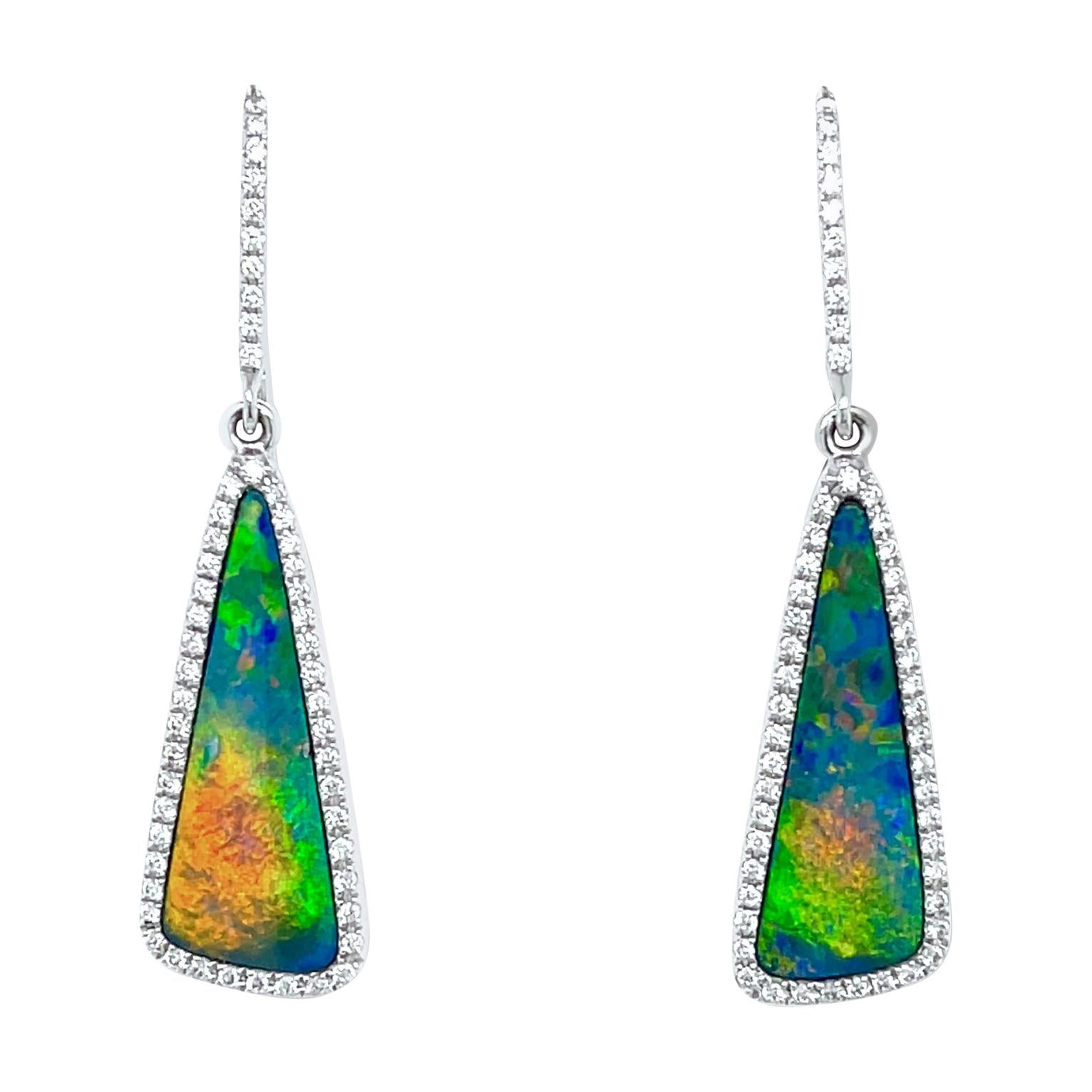 Natural Australian 5.26ct Opals Doublet and Diamond Earrings in 18K White Gold For Sale