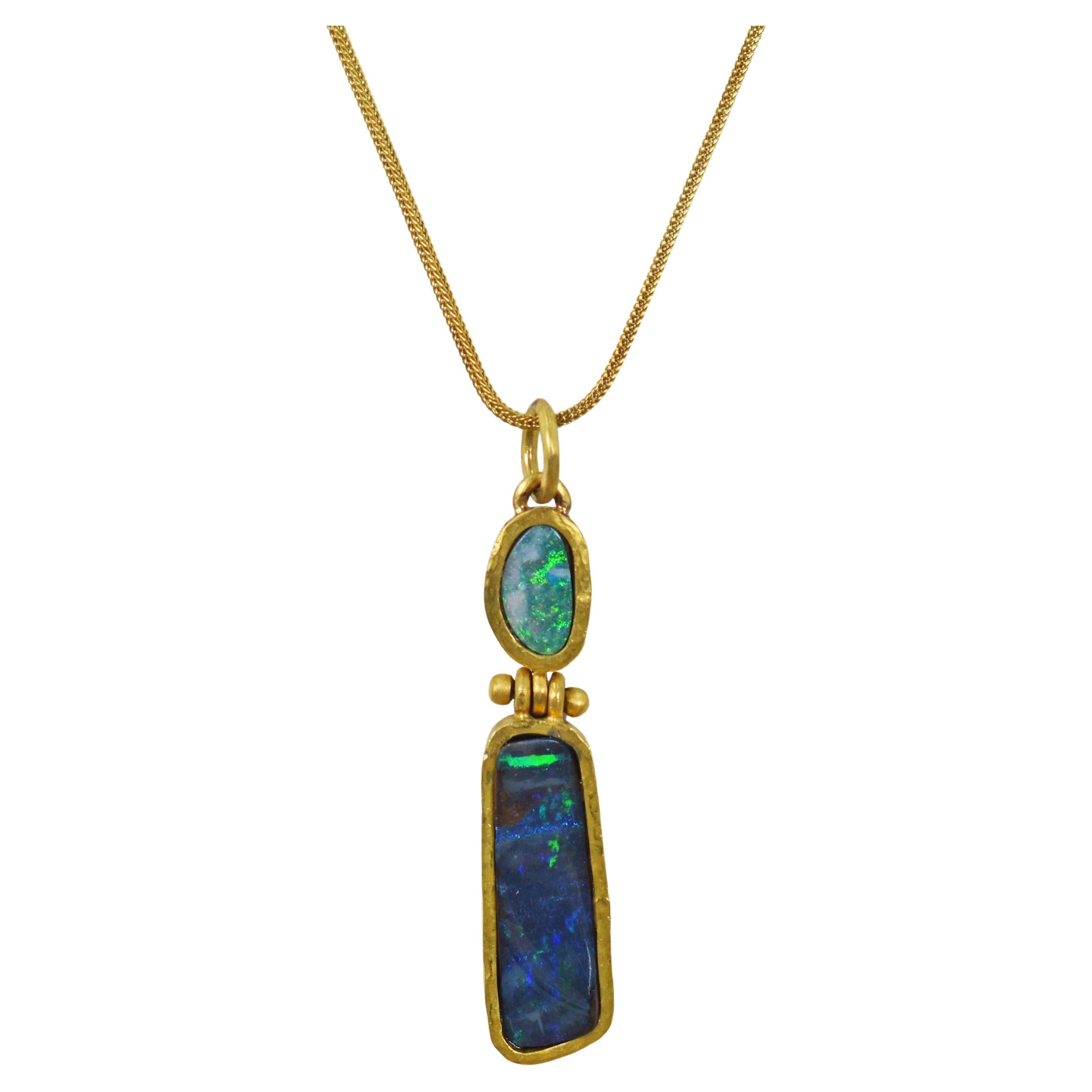 Australian Opals & Forged 22 Karat Gold Hinged Pendant Necklace For Sale