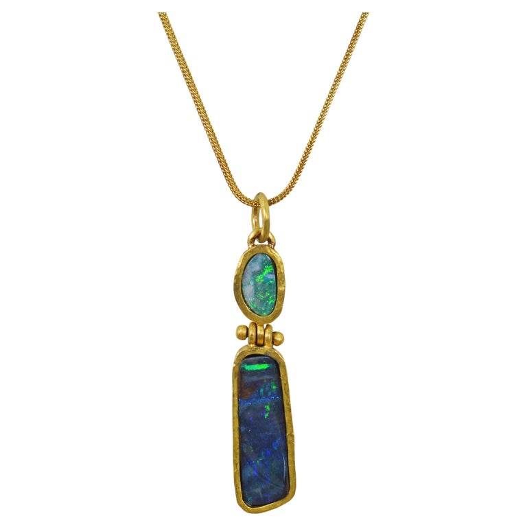 Australian Opals & Forged 22 Karat Gold Hinged Pendant Necklace For Sale