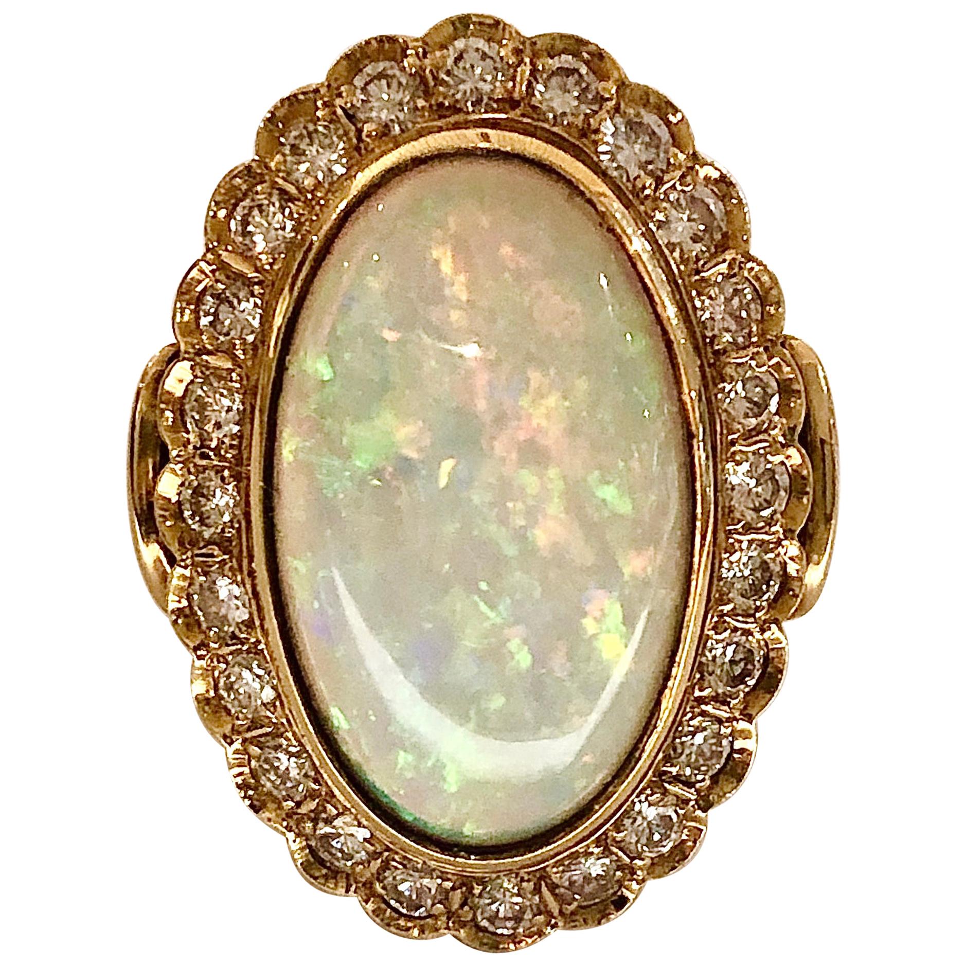 Australian Oval Cabochon Opal and Diamond 18 Karat Gold Hand Fabricated Ring