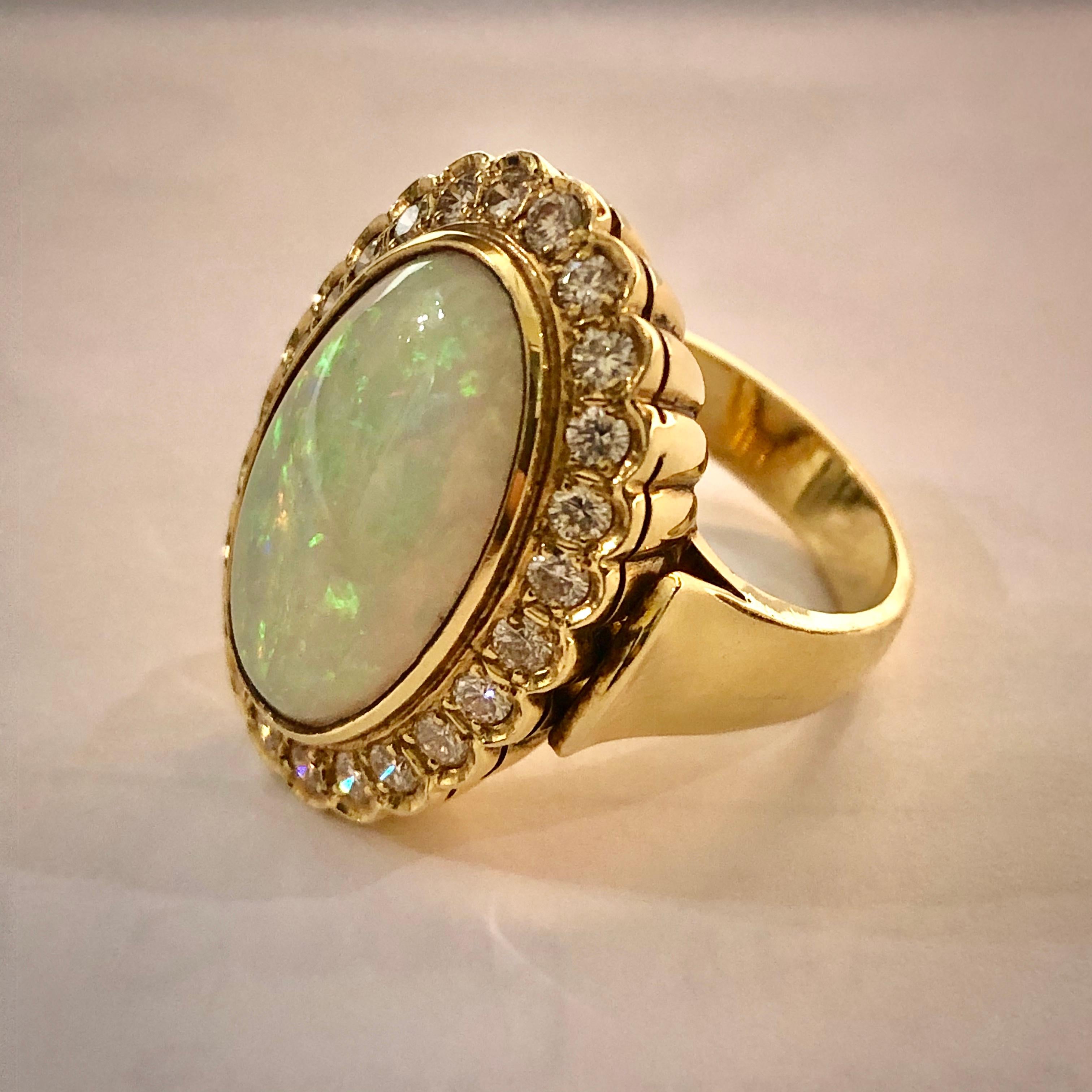 Oval Cut Australian Oval Cabochon Opal and Diamond 18 Karat Gold Hand Fabricated Ring
