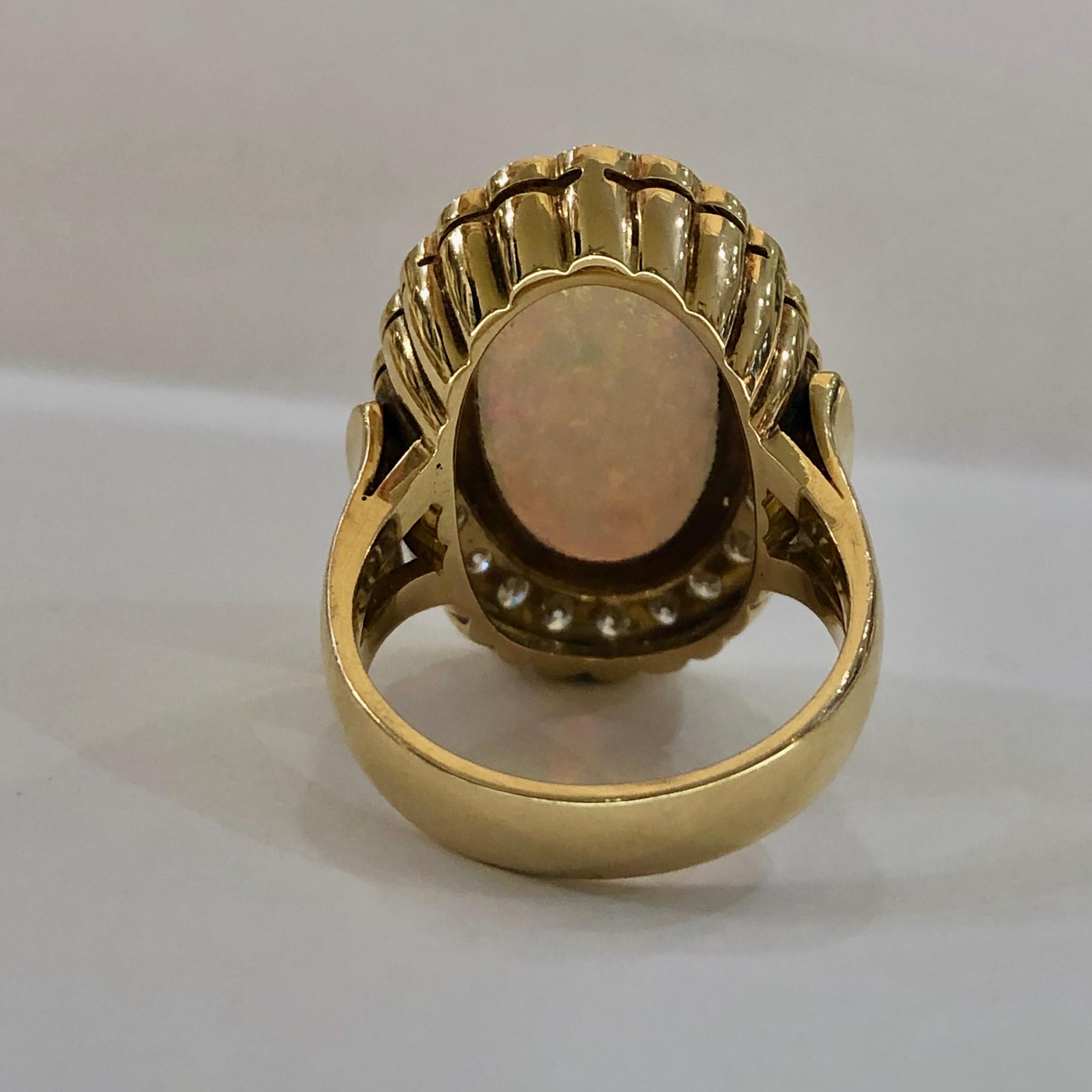 Australian Oval Cabochon Opal and Diamond 18 Karat Gold Hand Fabricated Ring In New Condition In Carmel-by-the-Sea, CA