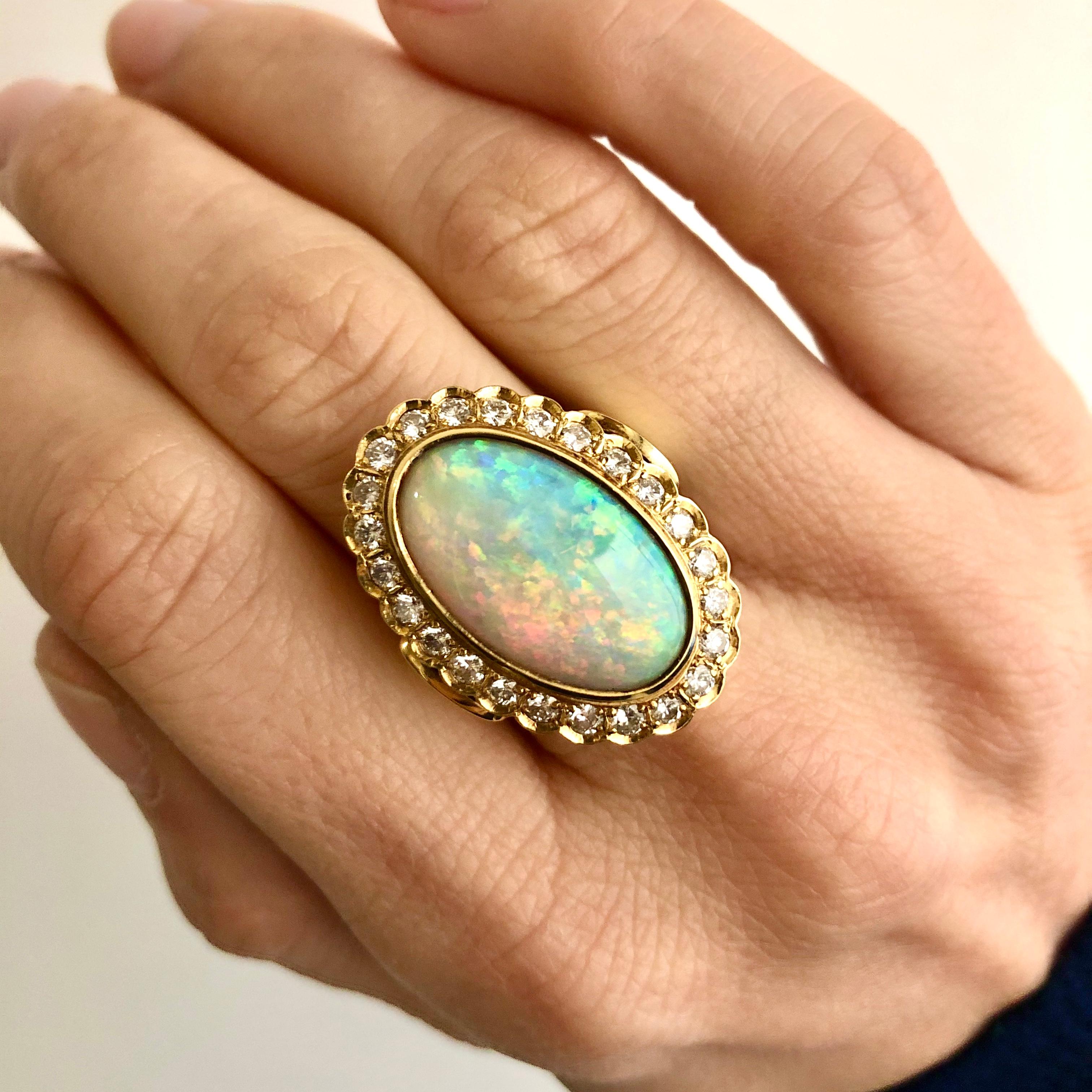 Women's Australian Oval Cabochon Opal and Diamond 18 Karat Gold Hand Fabricated Ring