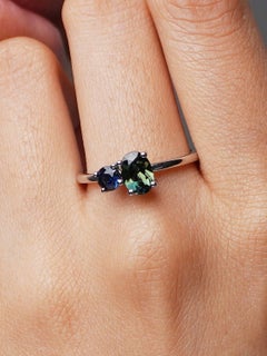 Australian Parti Sapphire Teal Green & Royal Blue Toi Et Moi Ring 9ct White Gold