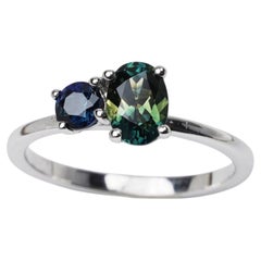 Australian Parti Sapphire Teal Green & Royal Blue Toi Et Moi Ring 9ct White Gold