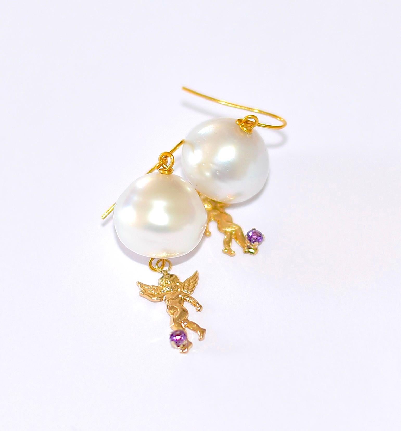 Australian Paspaley Cultured Pearl earrings, 14K Yellow Gold Angel with Amethyst 4