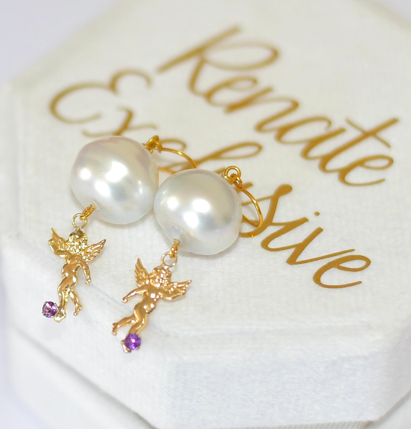 Women's Australian Paspaley Cultured Pearl earrings, 14K Yellow Gold Angel with Amethyst