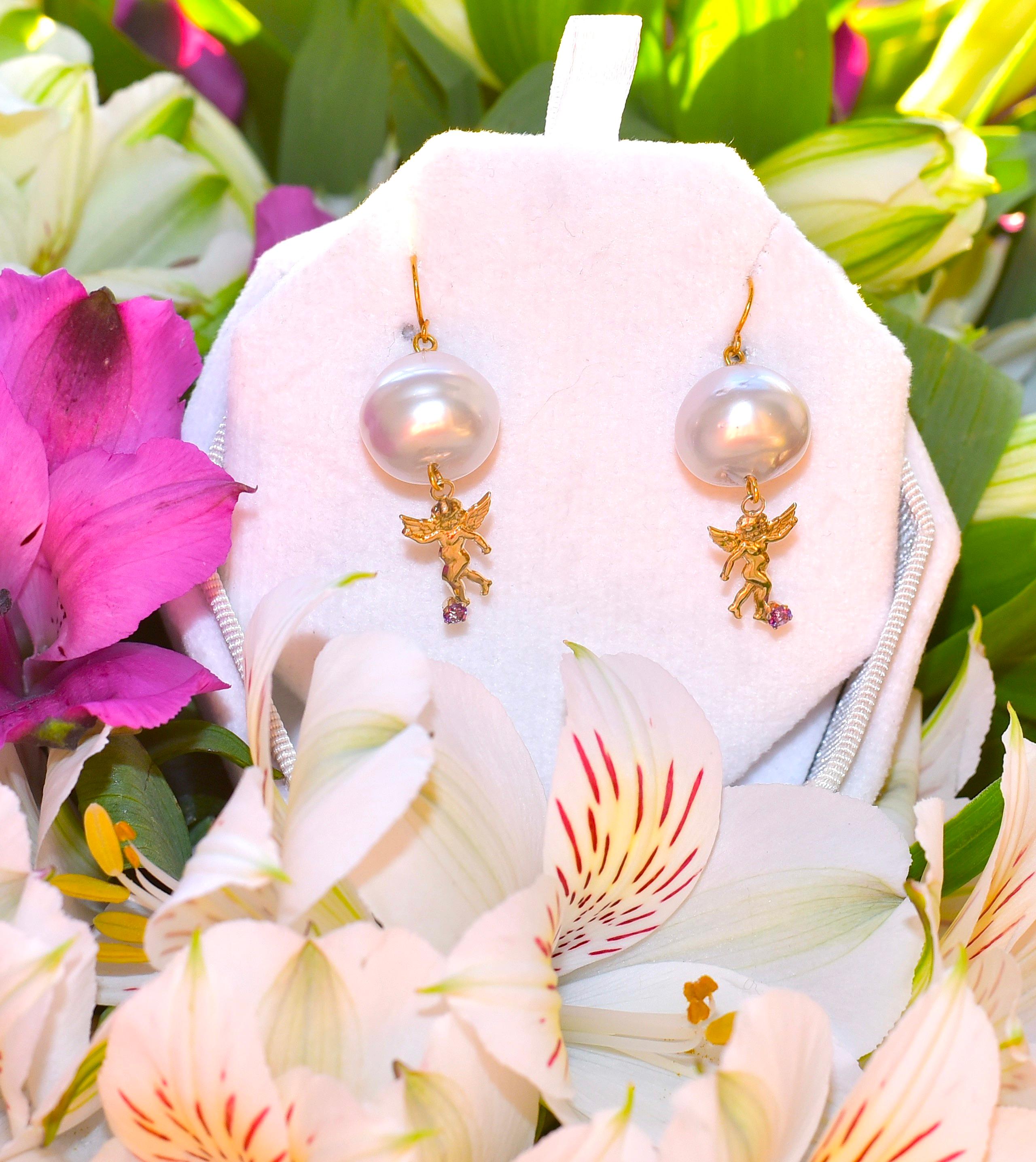 Artisan Australian Paspaley Cultured Pearl earrings, 14K Yellow Gold Angel with Amethyst