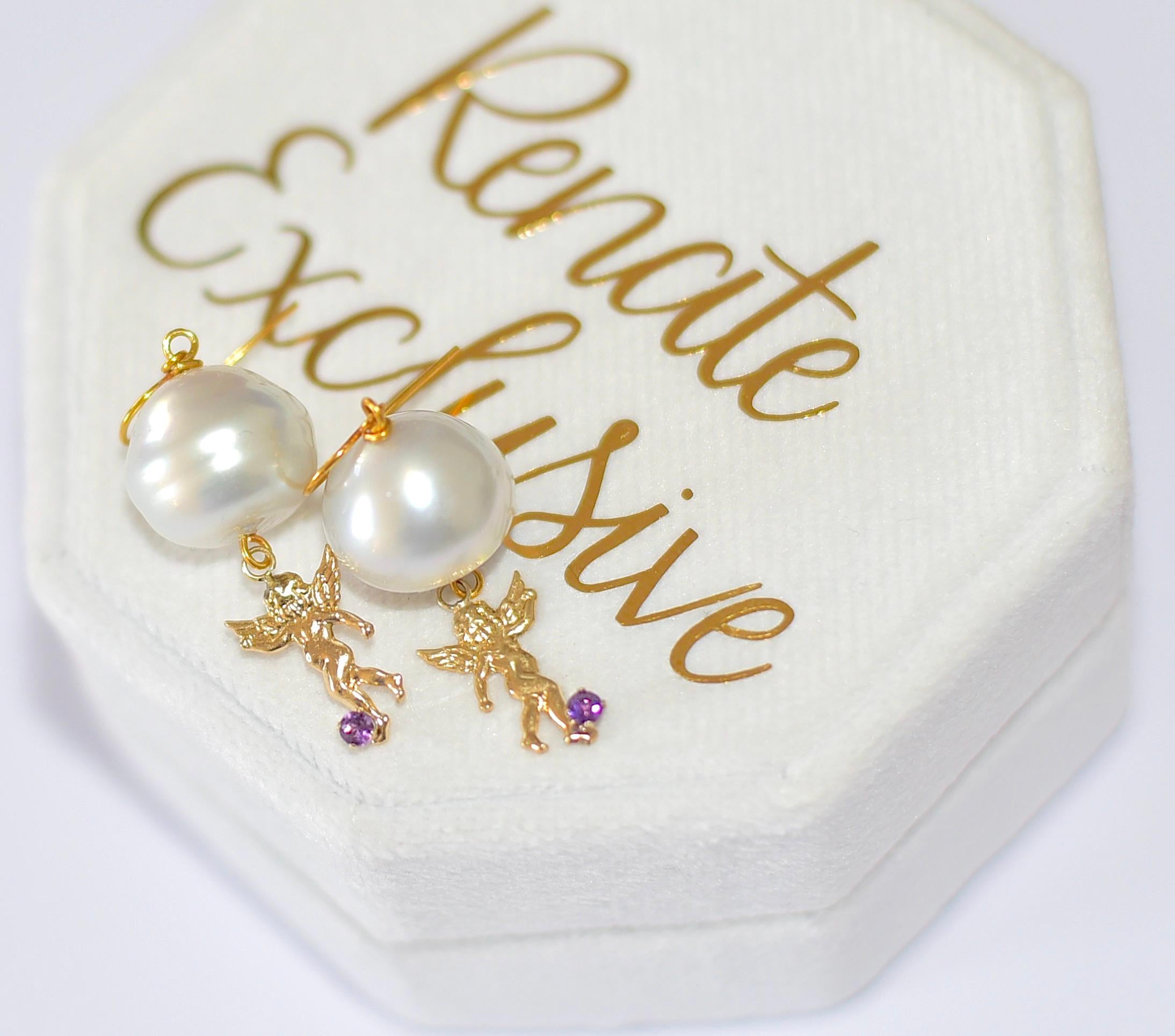 Australian Paspaley Cultured Pearl earrings, 14K Yellow Gold Angel with Amethyst 1