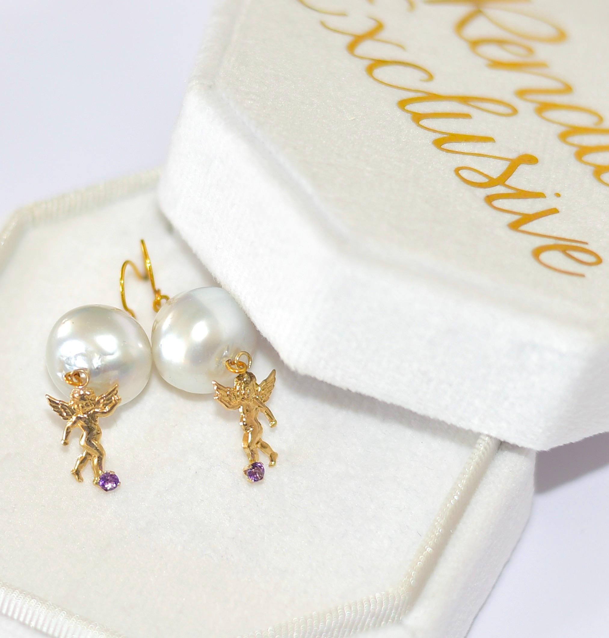Australian Paspaley Cultured Pearl earrings, 14K Yellow Gold Angel with Amethyst 2