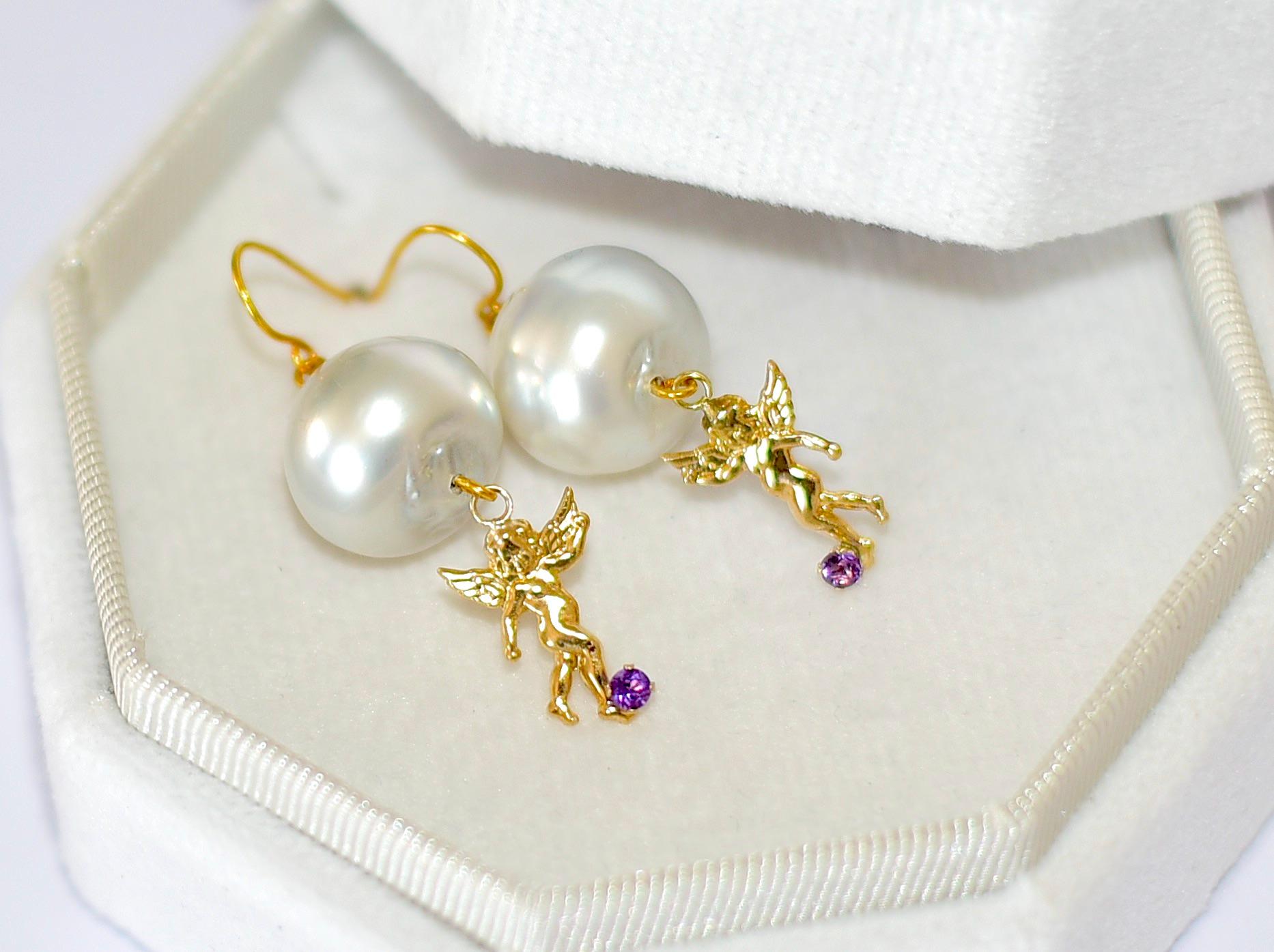 Round Cut Australian Paspaley Cultured Pearl earrings, 14K Yellow Gold Angel with Amethyst