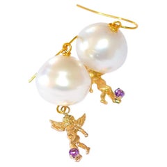 Australian Paspaley Cultured Pearl earrings, 14K Yellow Gold Angel with Amethyst