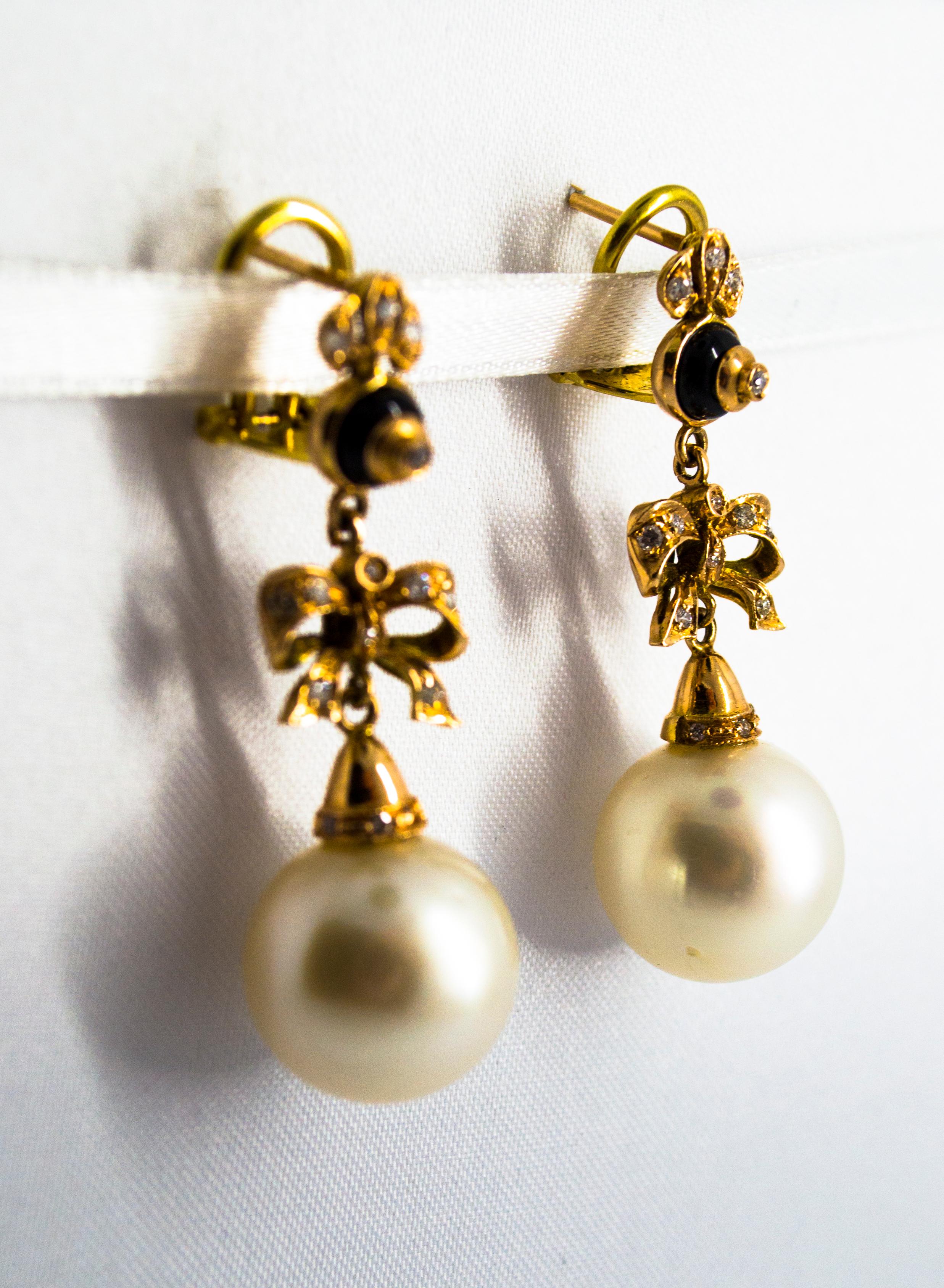 These Earrings are made of 14K Yellow Gold.
These Earrings have 0.50 Carat of White Diamonds.
These Earrings have also Onyx and 44.00 Carats of Australian Pearls.
All our Earrings have pins for pierced ears but we can change the closure and make any
