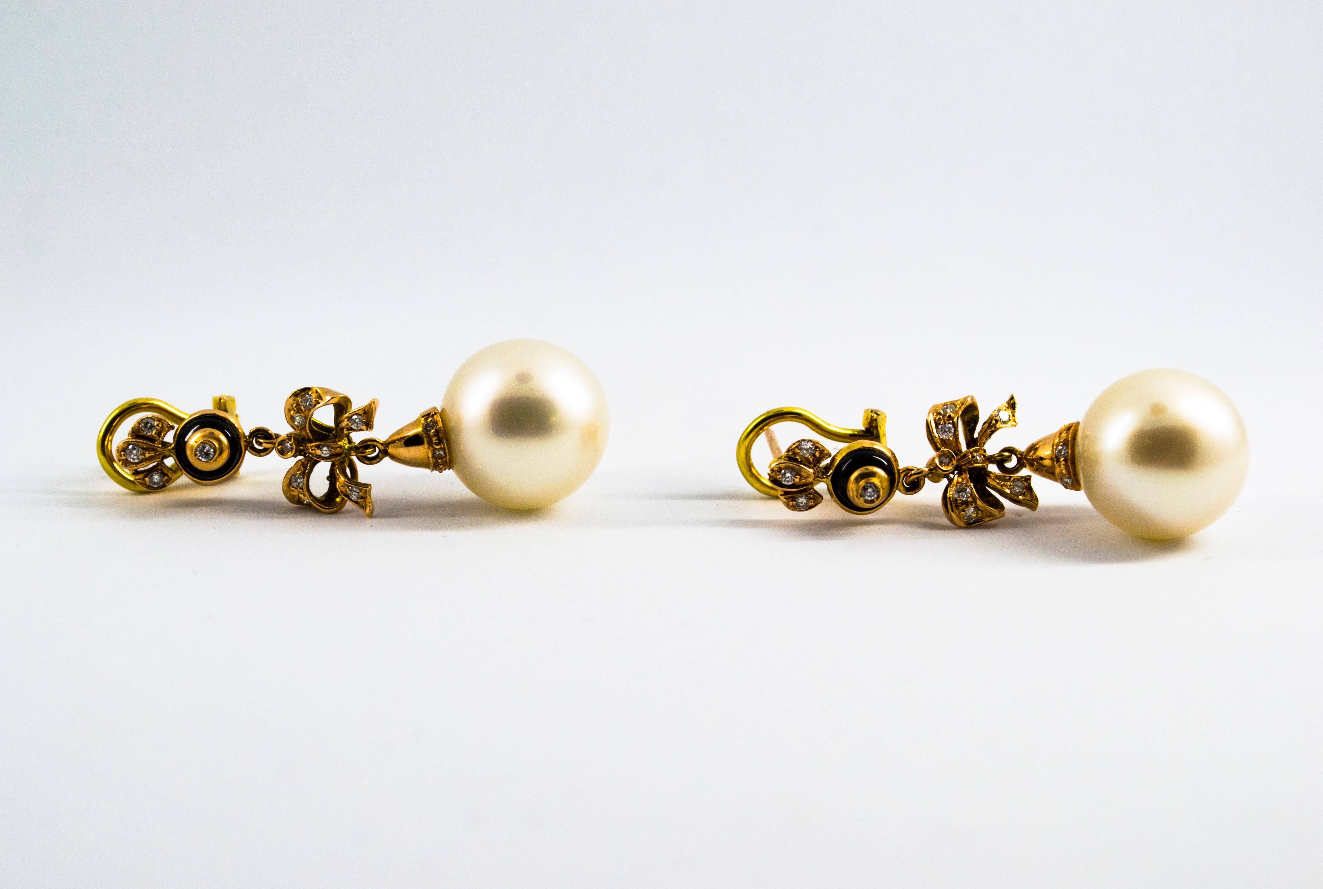 Renaissance Australian Pearl 0.50 Carat White Diamond Onyx Yellow Gold Clip-On Earrings For Sale