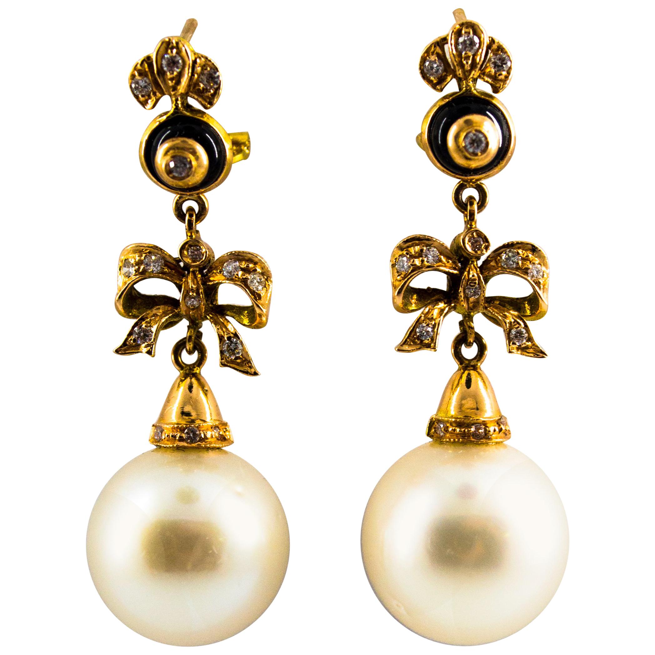 Australische Perle 0,50 Karat Weißer Diamant Onyx Gelbgold Clip-On Ohrringe im Angebot
