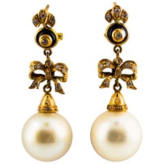 Vintage Australian Pearl 0.50 Carat White Diamond Onyx Yellow Gold Clip-On Earrings