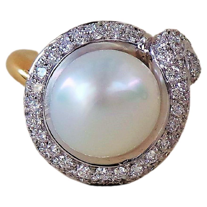Australian Pearl Diamonds 0.67K Yellow and White Gold Cocktail Ring For Sale