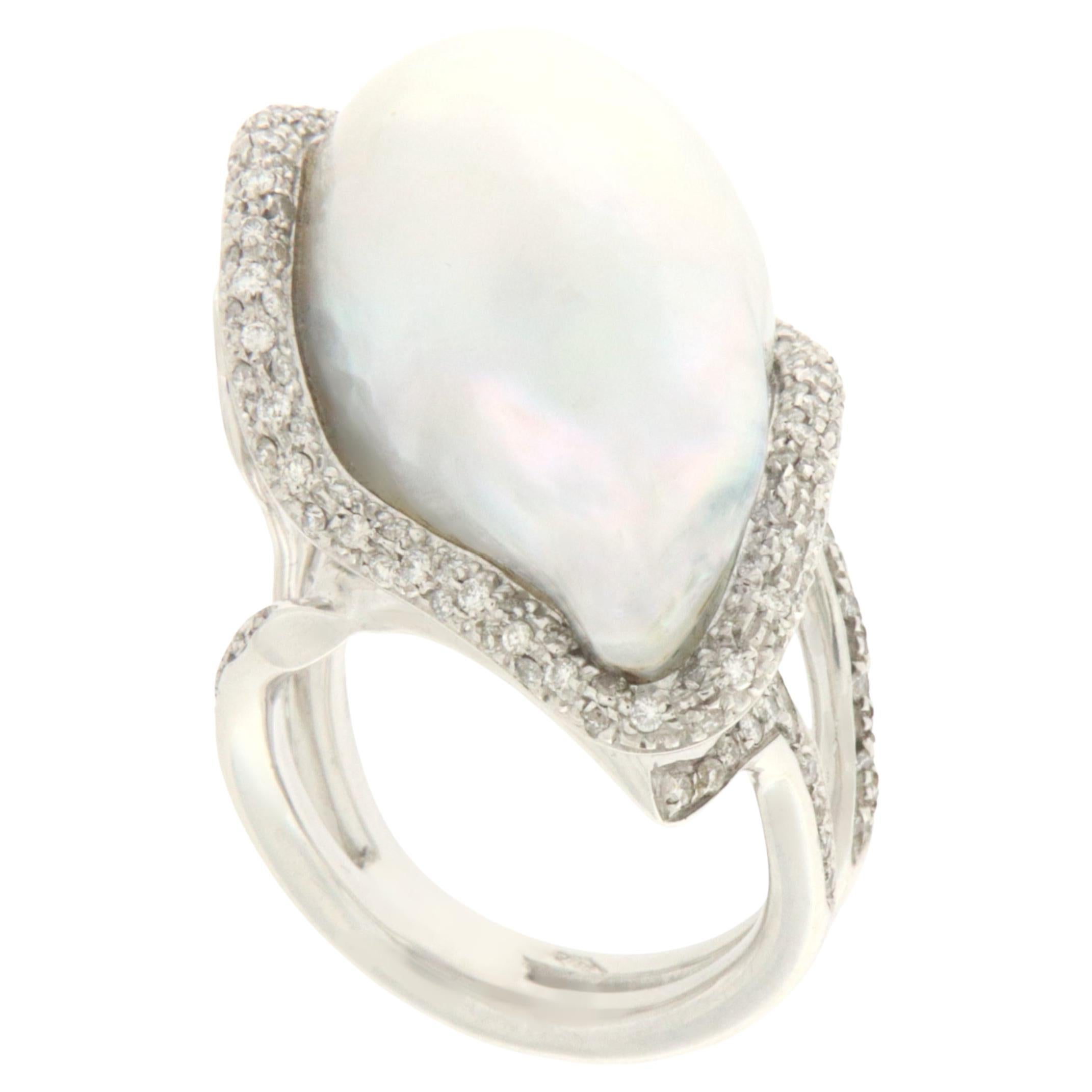 Australian Pearl 18 Karat White Gold Diamonds Cocktail Ring For Sale