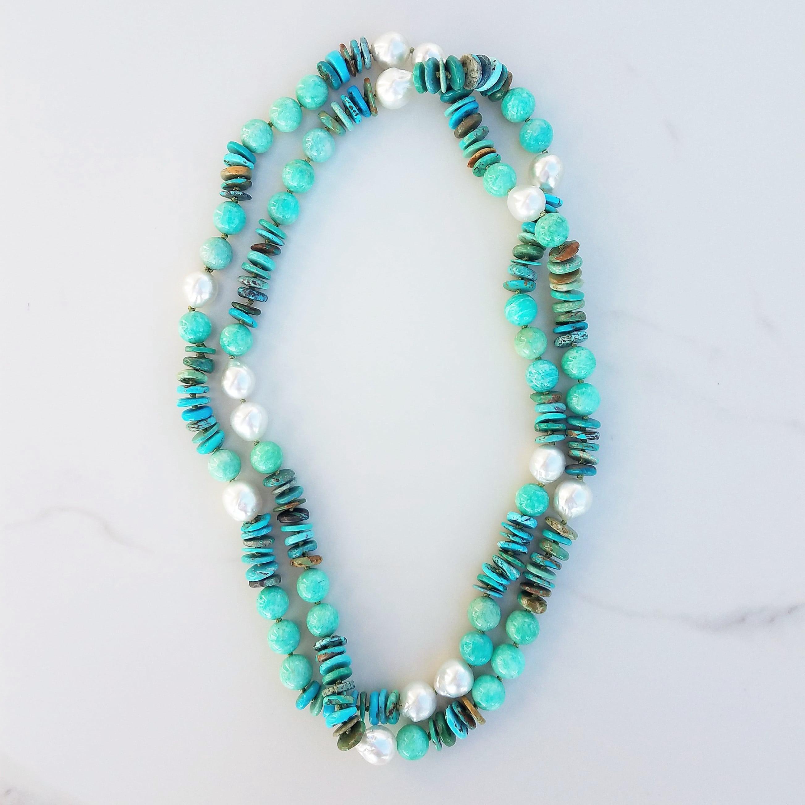 Australian Pearl Amazonite and Turquoise Necklace For Sale 4