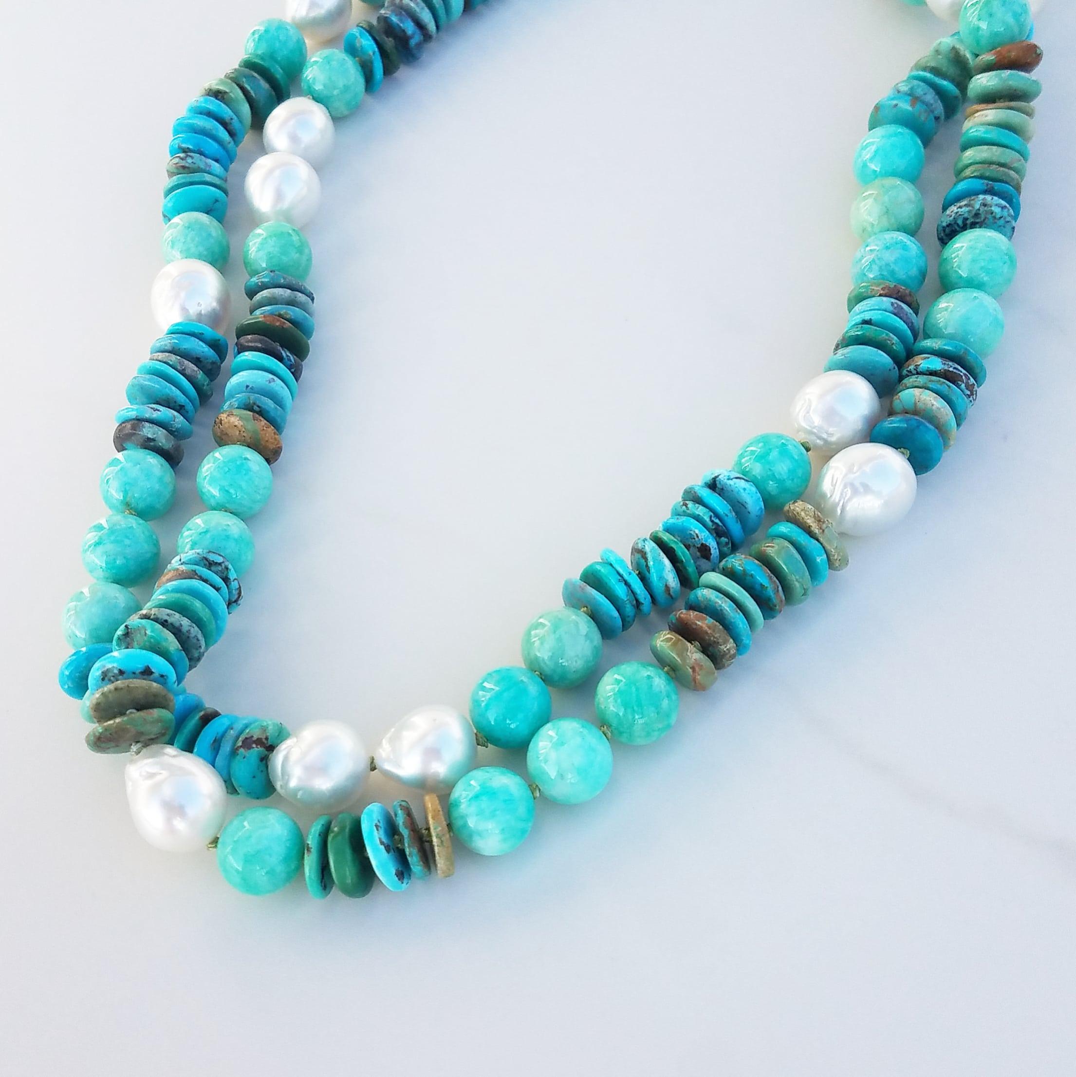 Bead Australian Pearl Amazonite and Turquoise Necklace For Sale