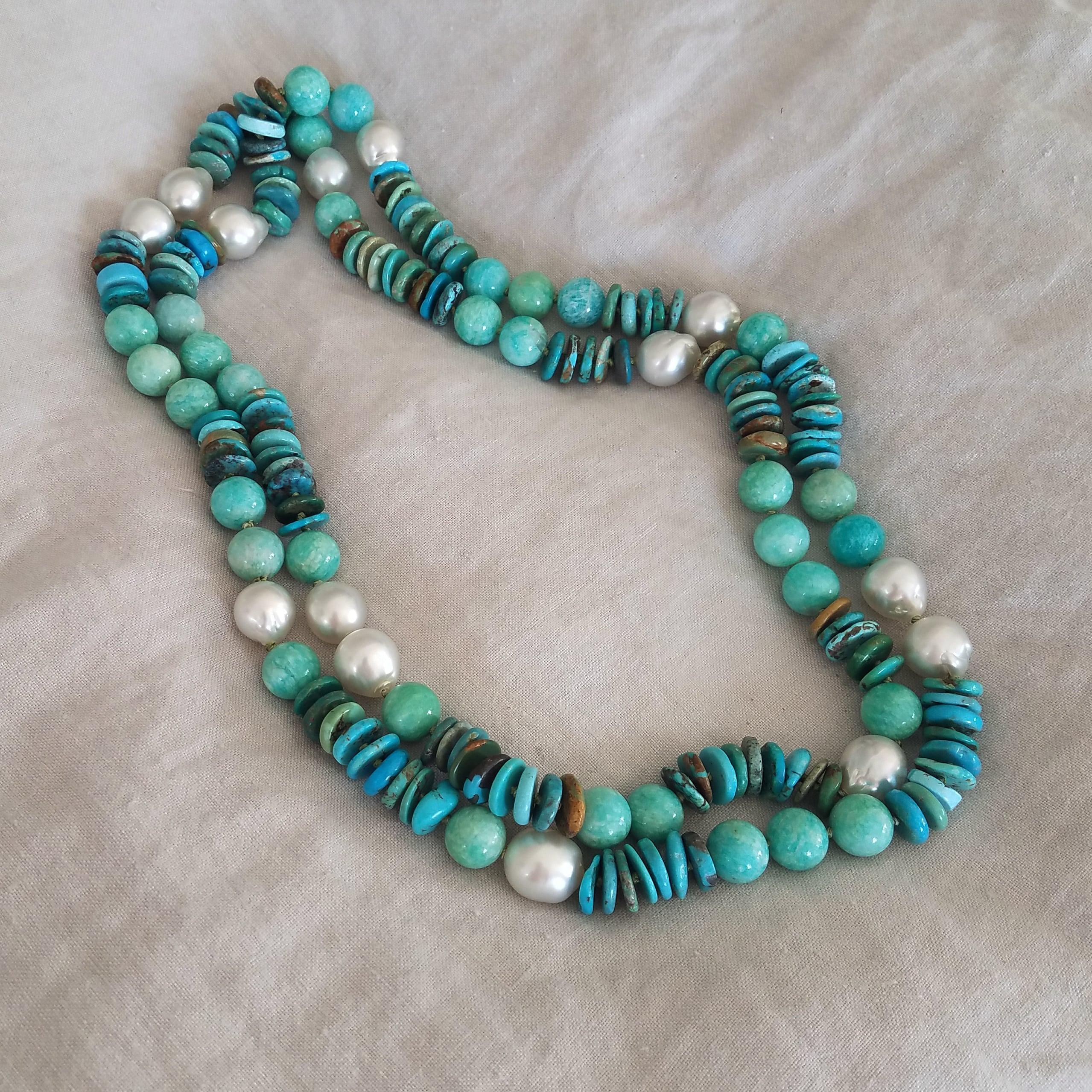 Australian Pearl Amazonite and Turquoise Necklace For Sale 1