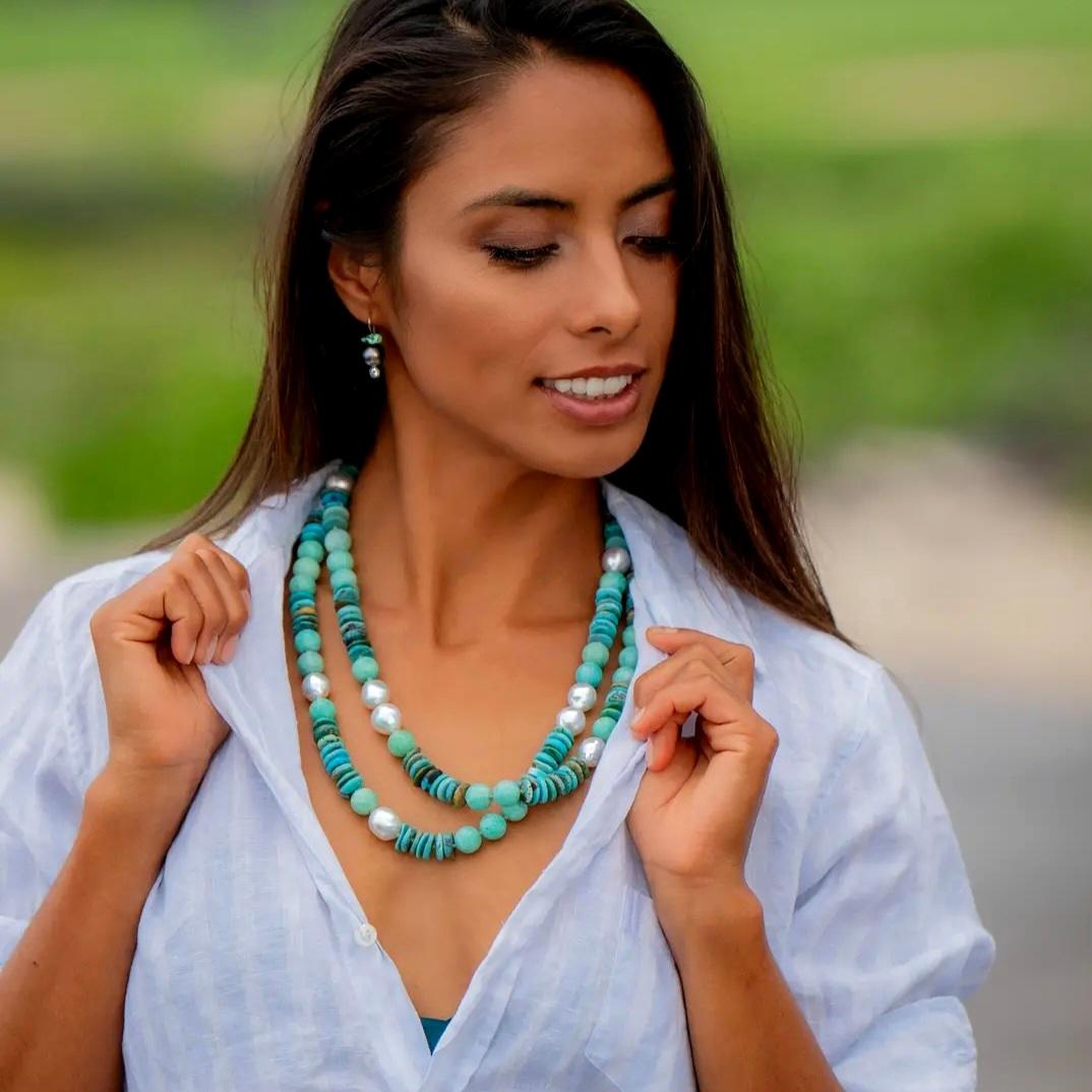 Australian Pearl Amazonite and Turquoise Necklace For Sale 3
