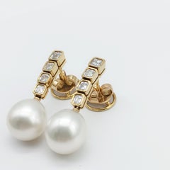 Australian Pearl and Emerald-Cut Diamond Drop Earrings in 18K Yellow Gold, 2006