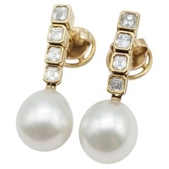 Australian Pearl and Emerald-Cut Diamond Drop Earrings in 18K Yellow Gold, 2006