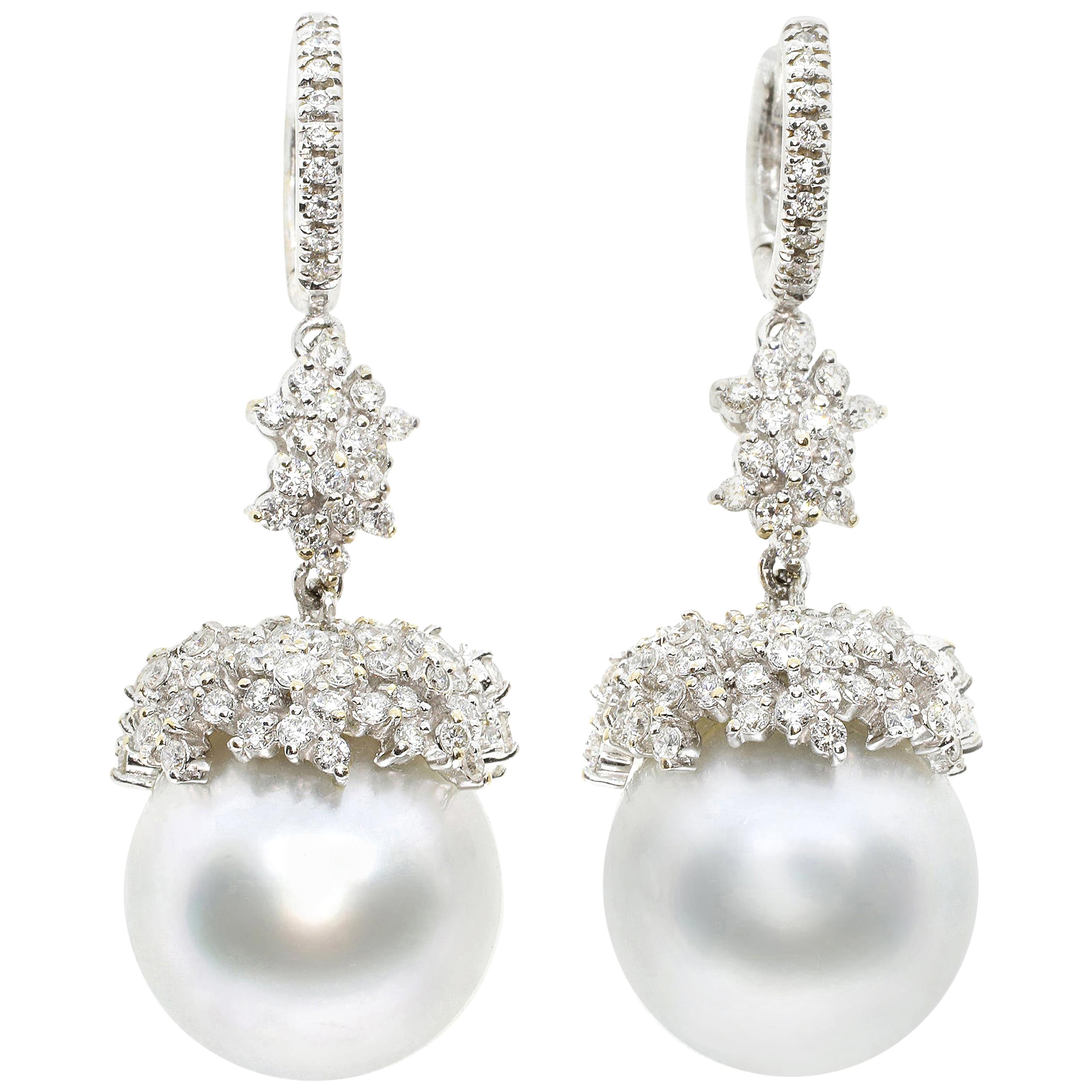 Contemporary 18 Karat White Gold Australian Pearl and White Diamond Earrings For Sale