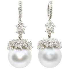 Contemporary 18 Karat White Gold Australian Pearl and White Diamond Earrings