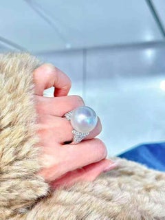 Australian Pearl & Diamond Cocktail Ring in 18K White Gold, 2.14ct Diamonds