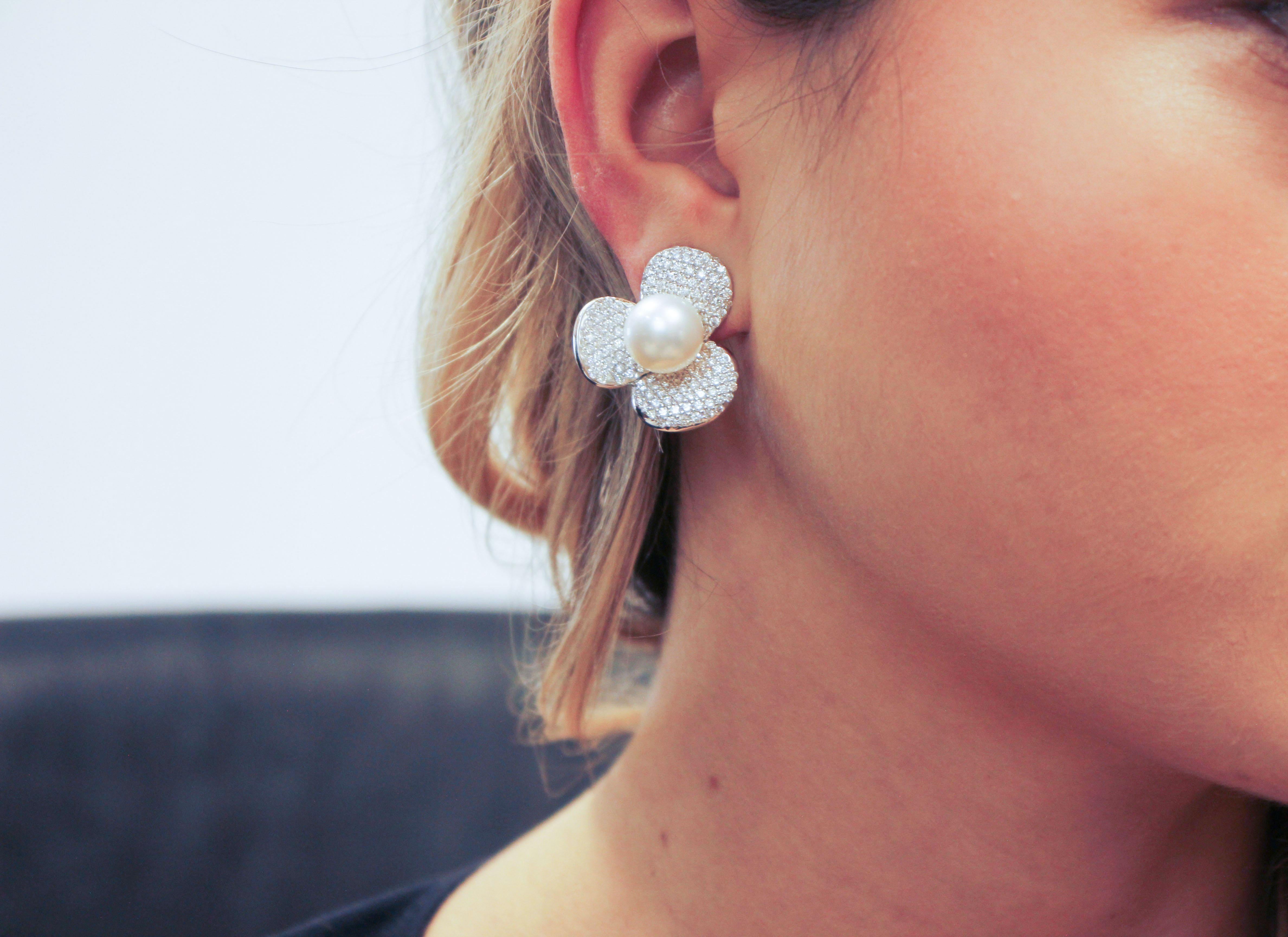 Australian Pearl Diamond Gold Flower Shaped Earrings 1