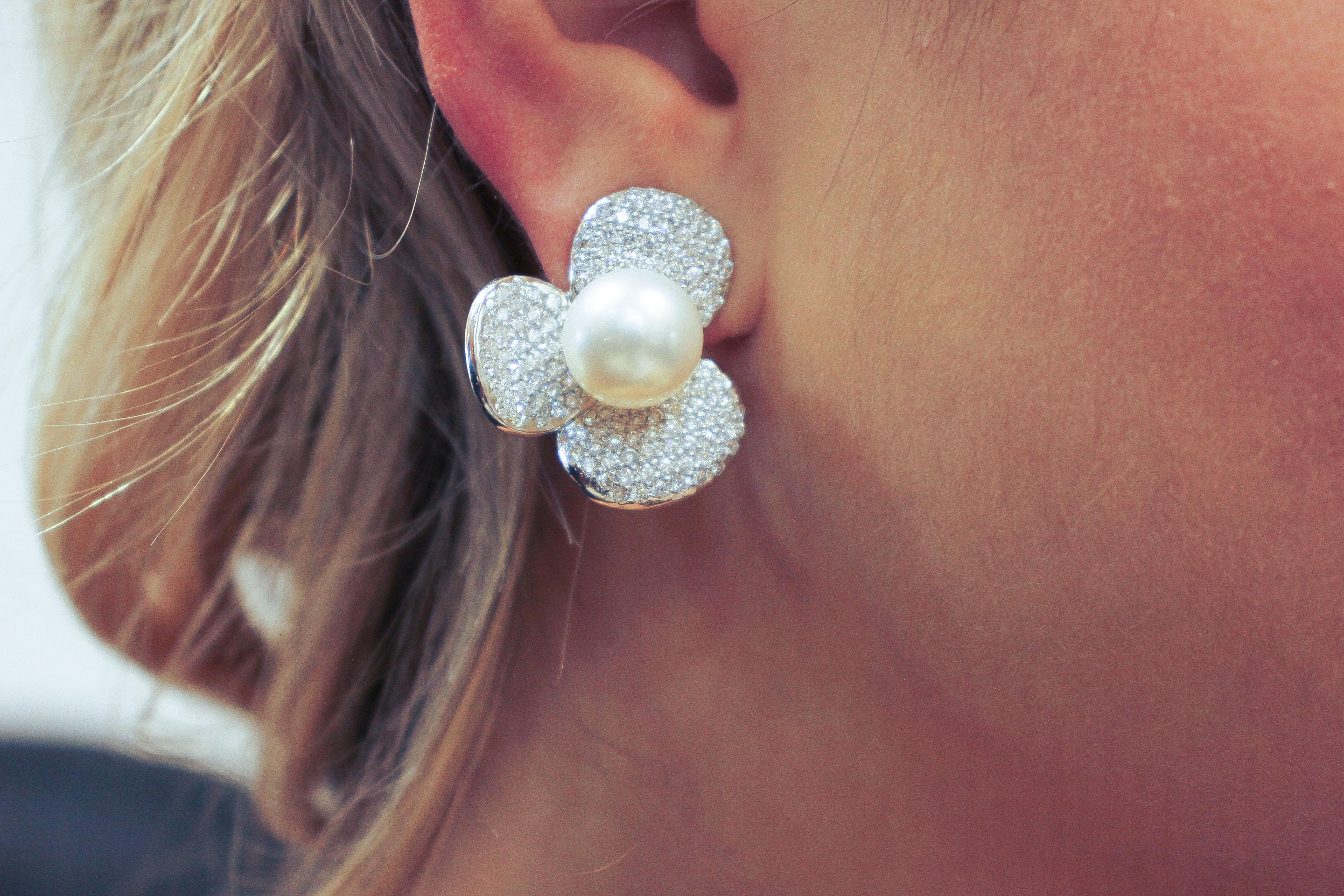 Australian Pearl Diamond Gold Flower Shaped Earrings 2