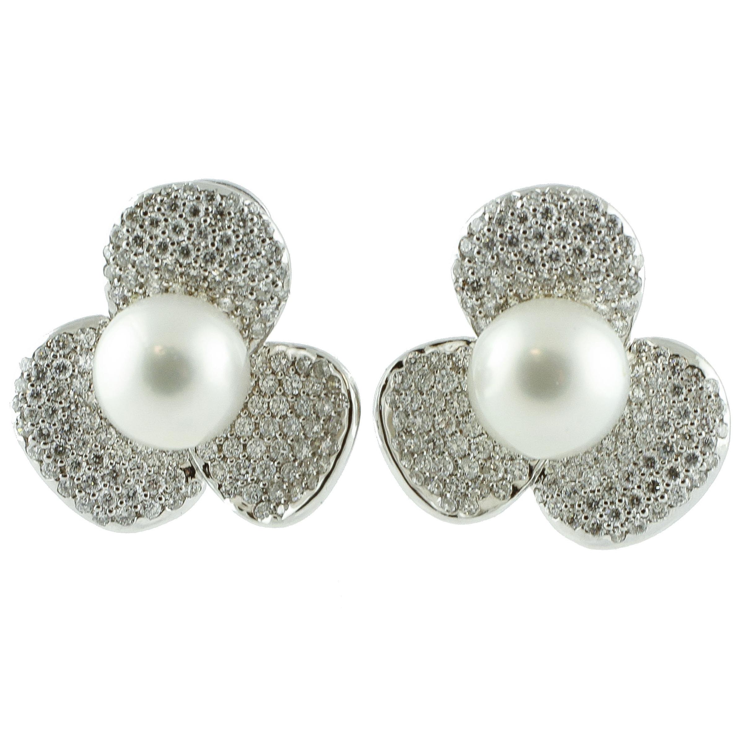 Australian Pearl Diamond Gold Flower Shaped Earrings