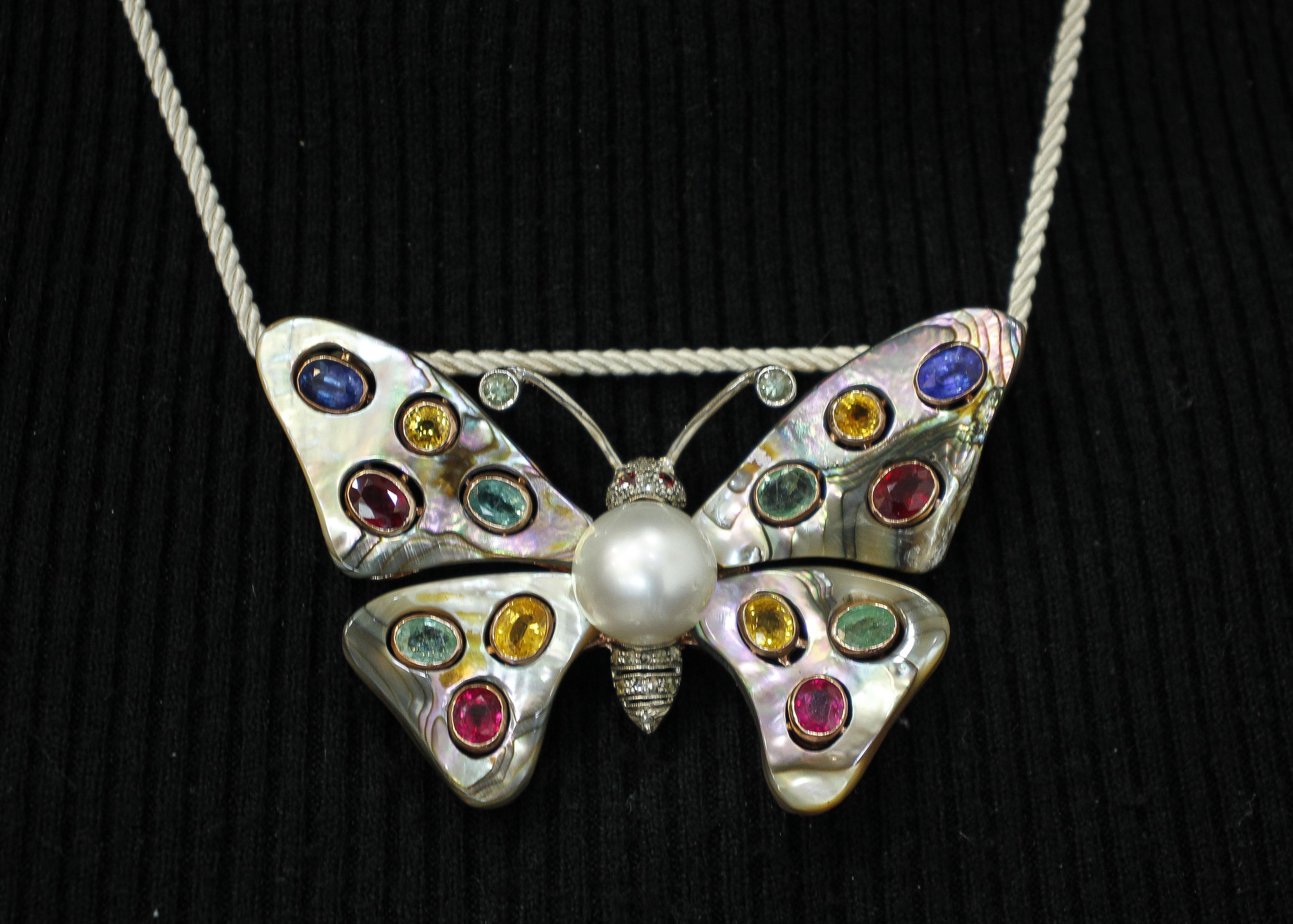 Australian Pearl, Diamonds, Emeralds, Rubies, Sapphires, Retro Butterfly Brooch 2