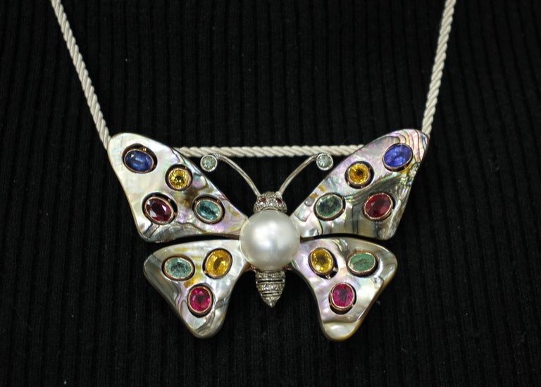 Australian Pearl, Diamonds, Emeralds, Rubies, Sapphires, Retro Butterfly Brooch For Sale 5
