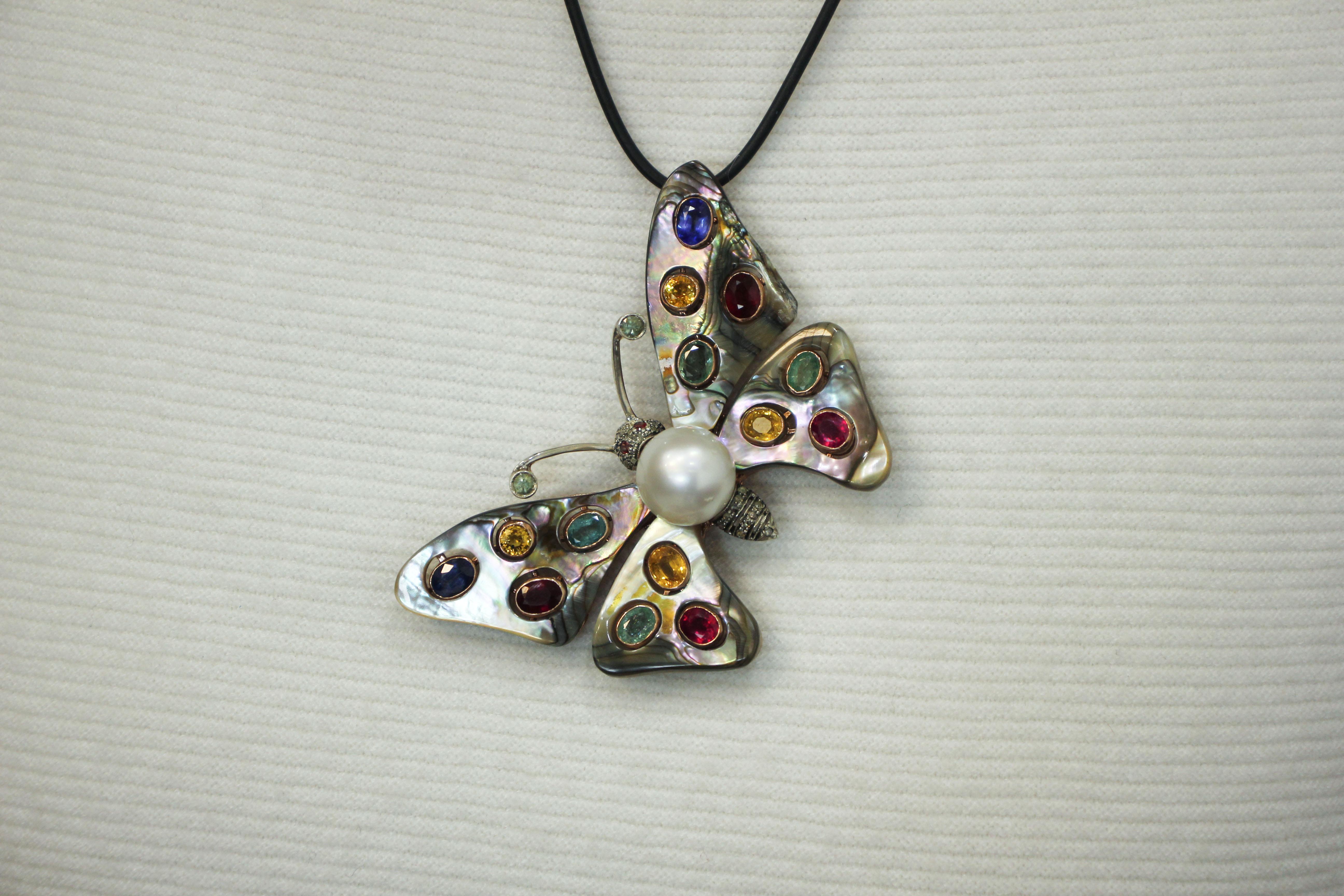 Australian Pearl, Diamonds, Emeralds, Rubies, Sapphires, Retro Butterfly Brooch 5