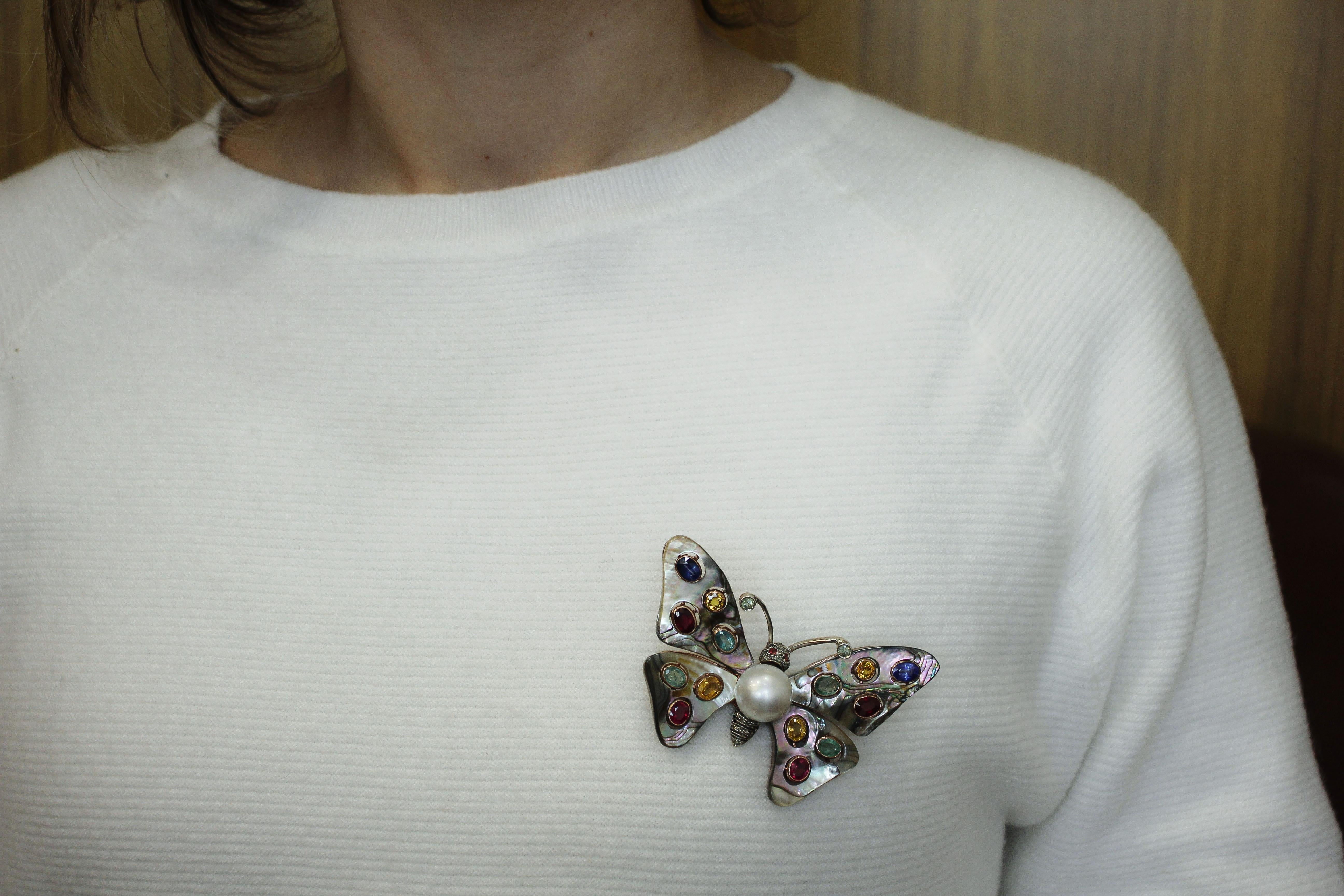 Australian Pearl, Diamonds, Emeralds, Rubies, Sapphires, Retro Butterfly Brooch 7