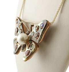 Australian Pearl, Diamonds, Emeralds, Rubies, Sapphires, Retro Butterfly Brooch