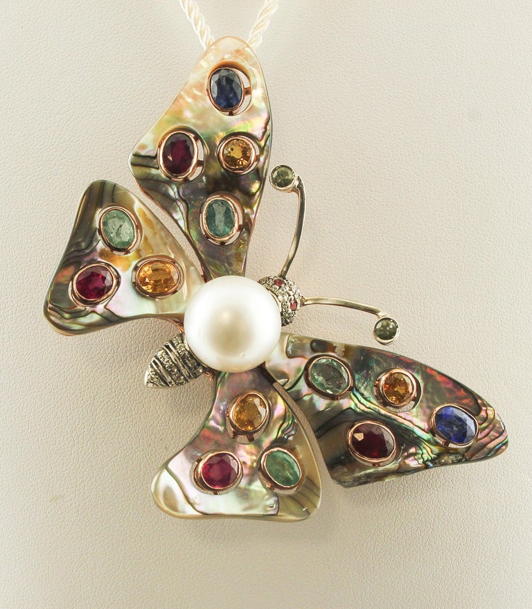 Round Cut Australian Pearl, Diamonds, Emeralds, Rubies, Sapphires, Retro Butterfly Brooch For Sale