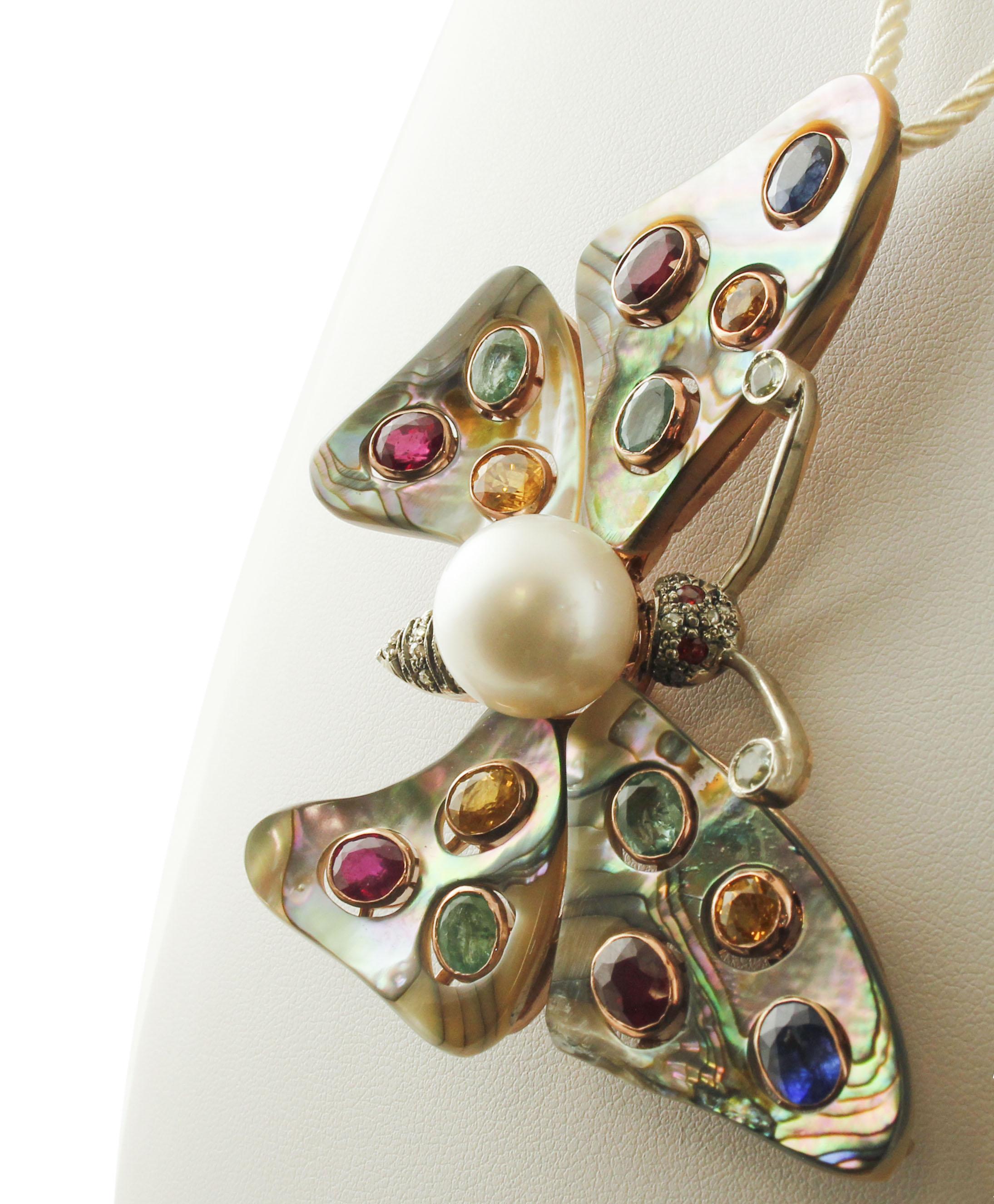 Women's Australian Pearl, Diamonds, Emeralds, Rubies, Sapphires, Retro Butterfly Brooch For Sale